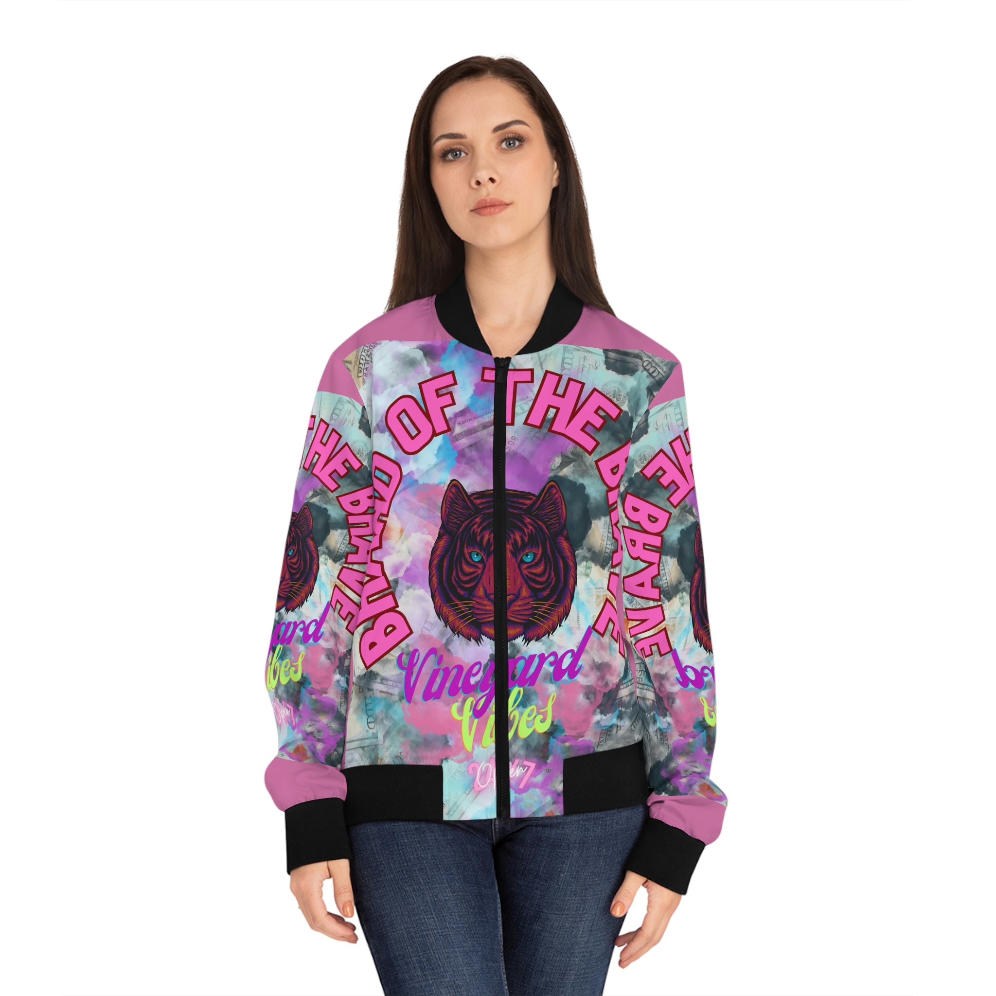 Vineyard Vibes Brand Of The Brave - Women's Light Pink Bomber Jacket (AOP)
