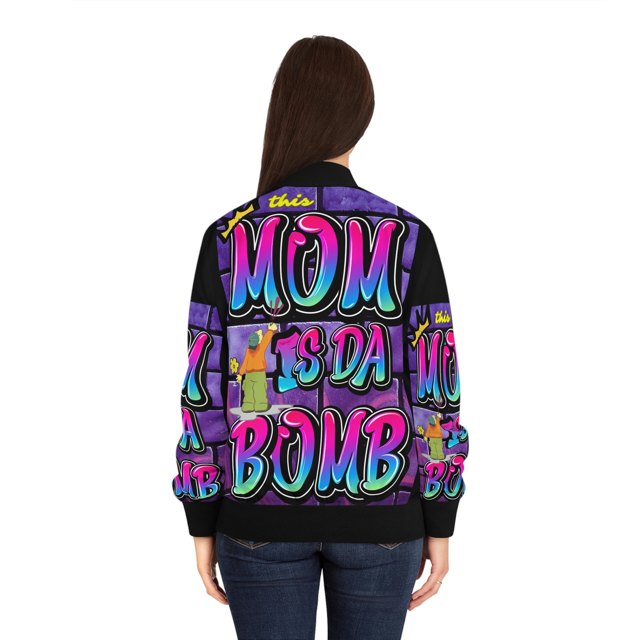 THIS MOM IS THE BOMB - 90s Retro - Women's Black Bomber Jacket (AOP)