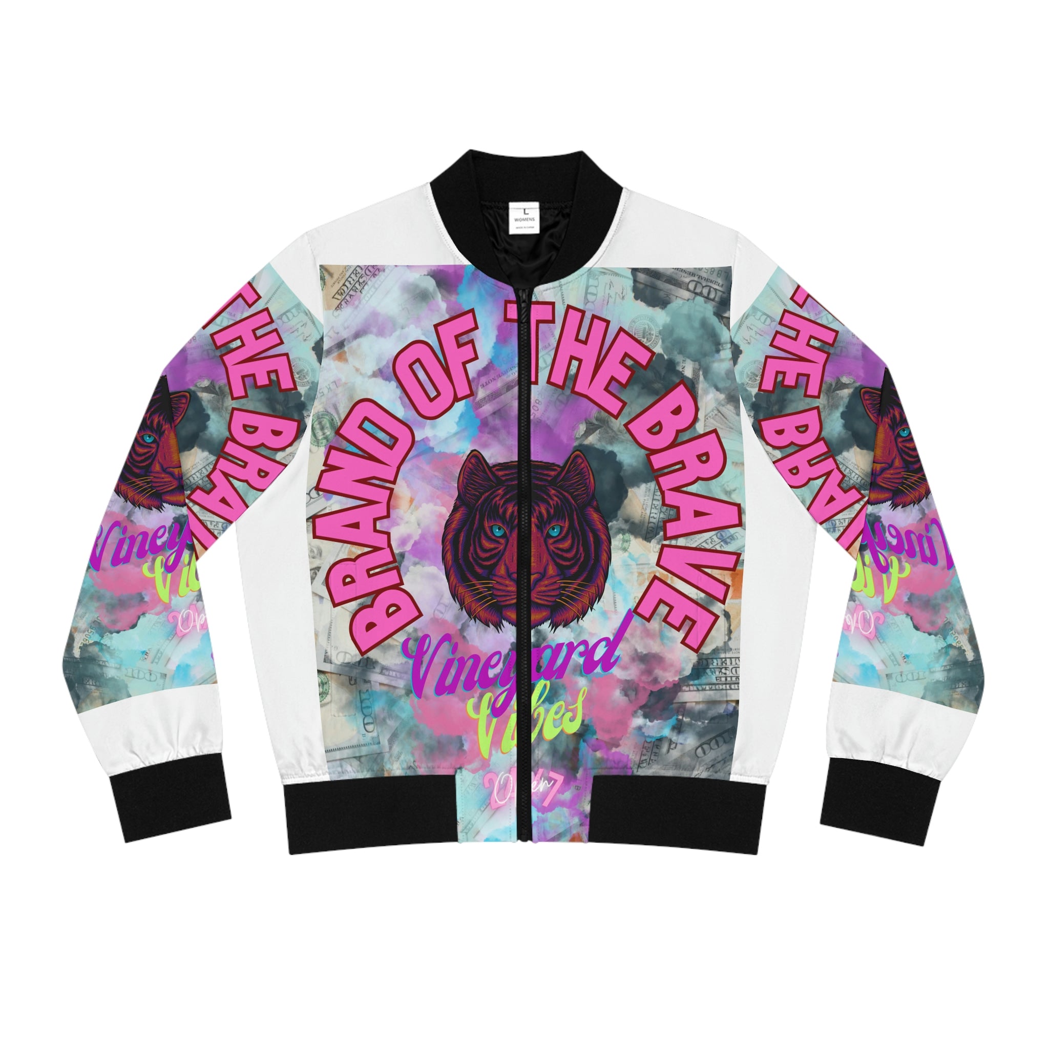 Vineyard Vibes Brand Of The Brave - Women's White Bomber Jacket (AOP)