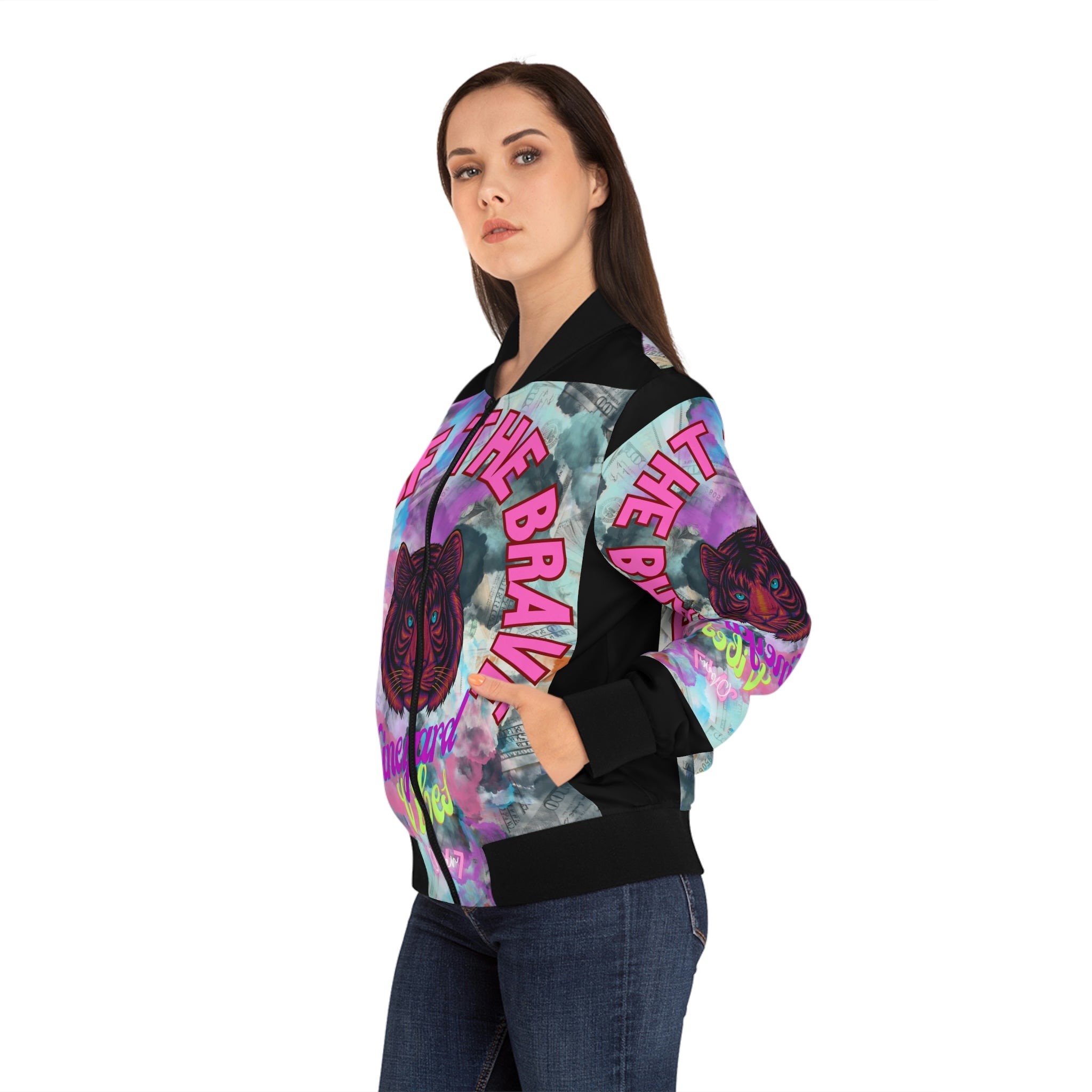 Vineyard Vibes Brand Of The Brave - Women's Black Bomber Jacket (AOP)