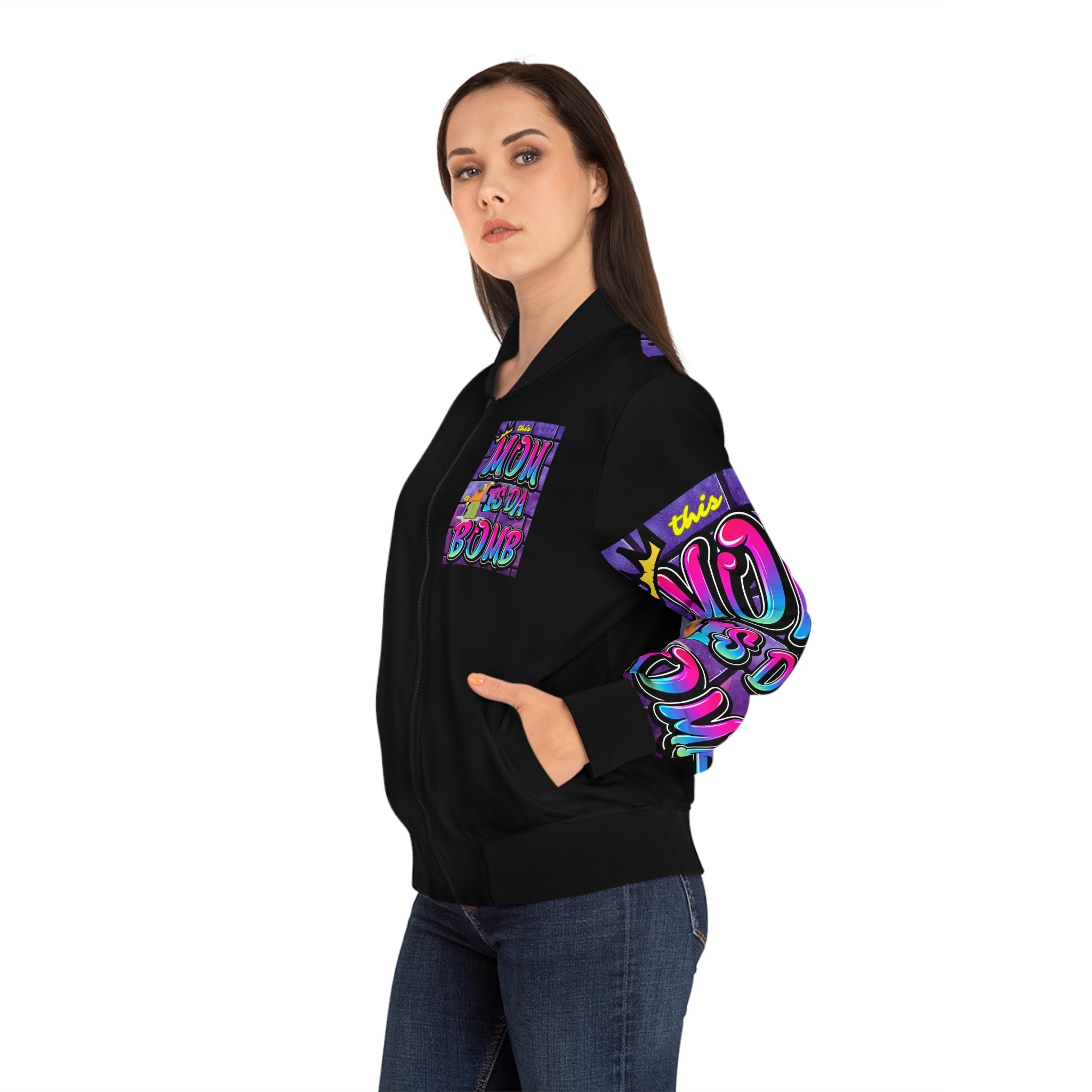 THIS MOM IS THE BOMB - 90s Retro - Women's Black Bomber Jacket (AOP)