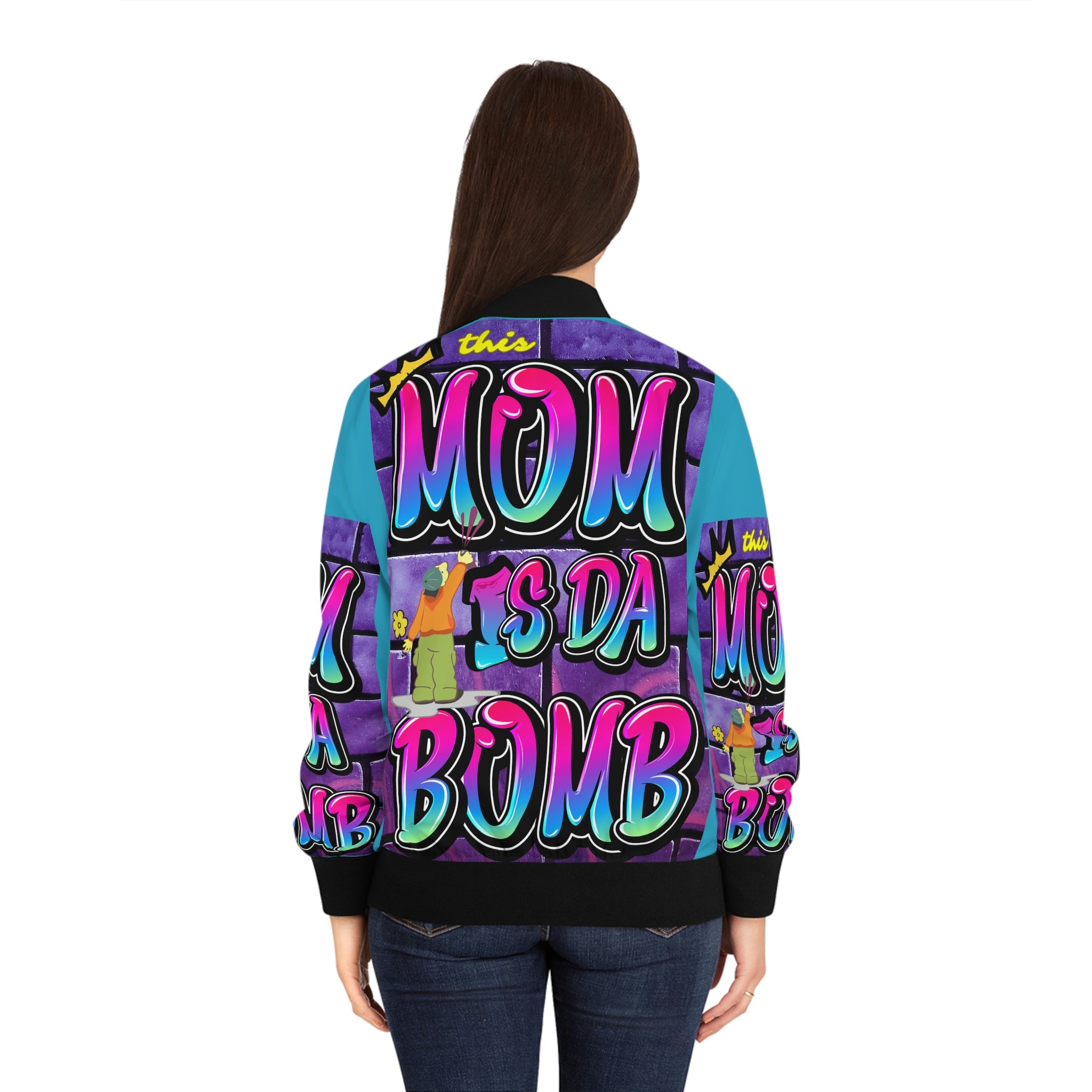 THIS MOM IS THE BOMB - 90s Retro - Women's Turquoise Bomber Jacket (AOP)