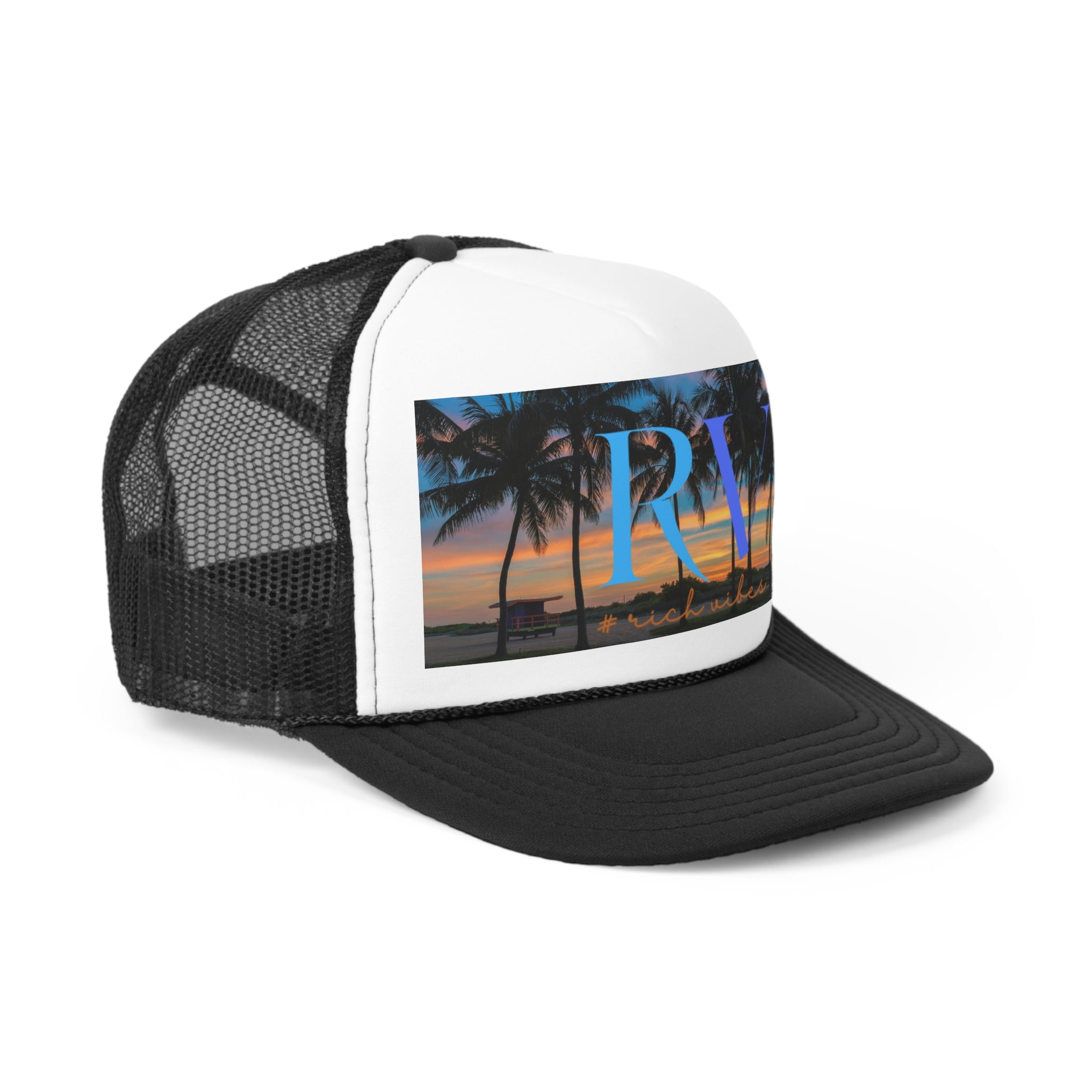 Rich Vibes South Beach Sunset Miami Beach RV Logo - Trucker Hat