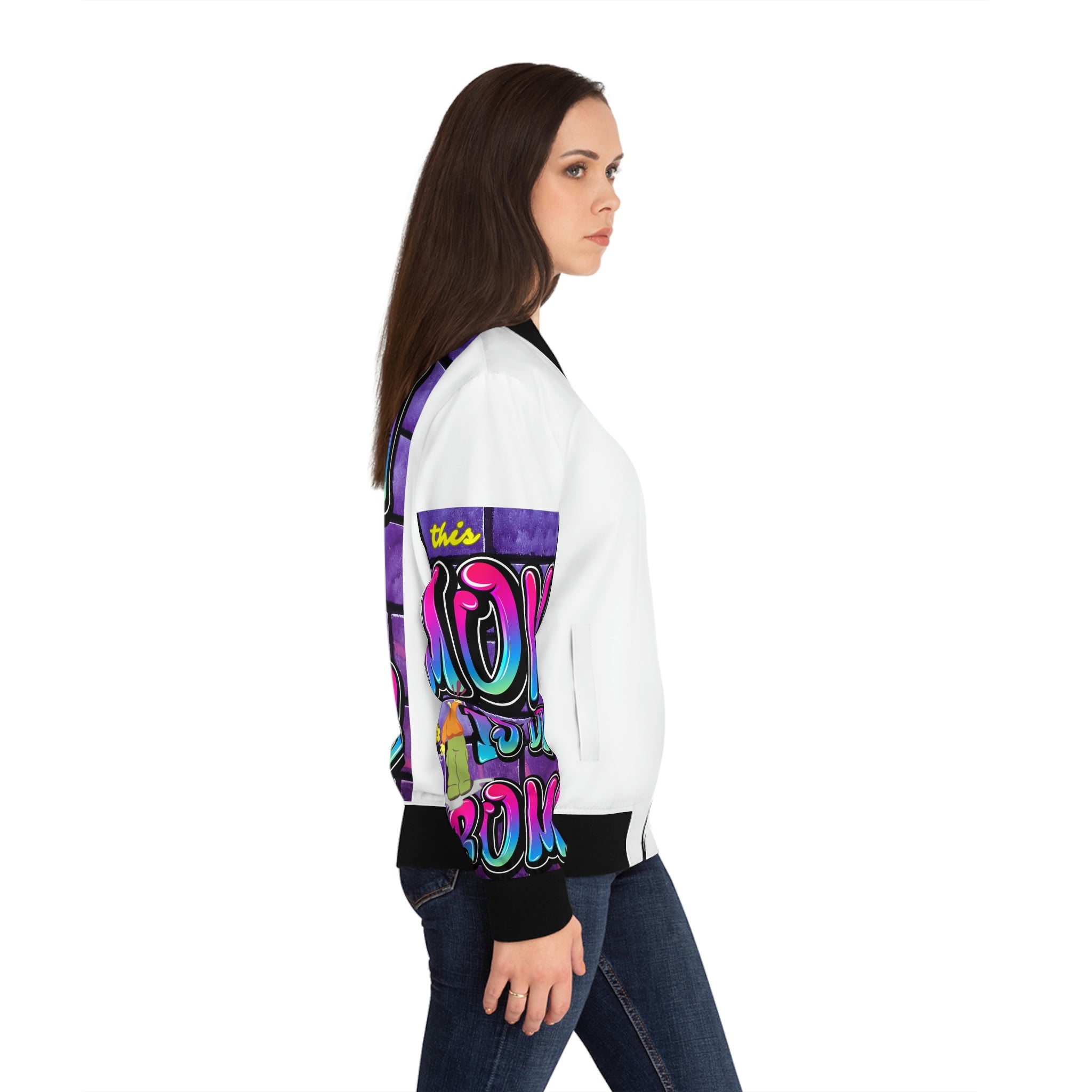 THIS MOM IS THE BOMB - 90s Retro - Women's White Bomber Jacket (AOP)