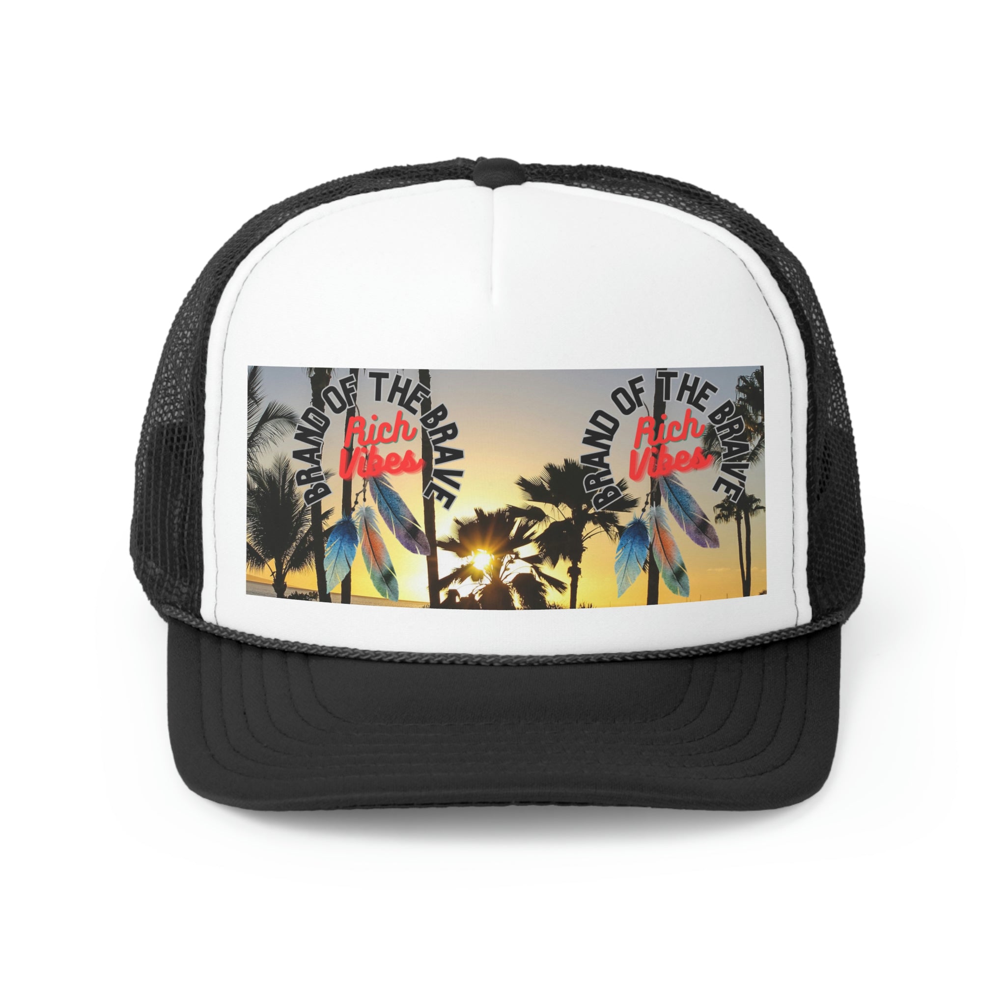 Rich Vibes Brand Of The Brave Maui Sunset 3 Feathers Print - Trucker Hat