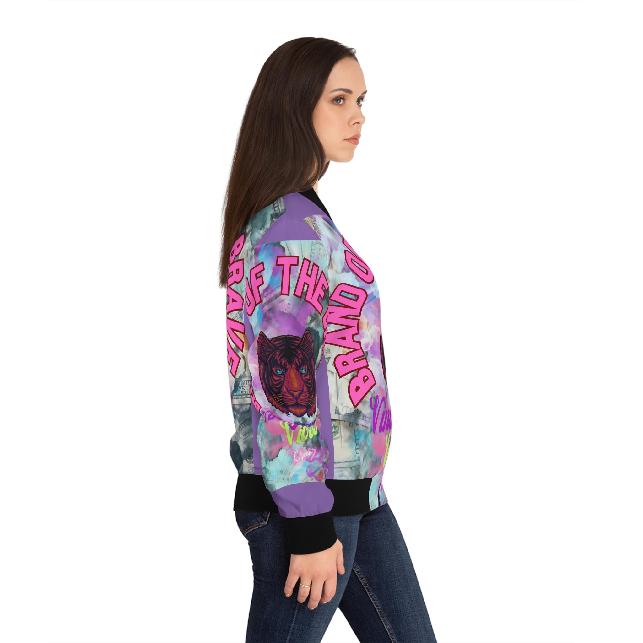 Vineyard Vibes Brand Of The Brave - Women's Light Purple Bomber Jacket (AOP)