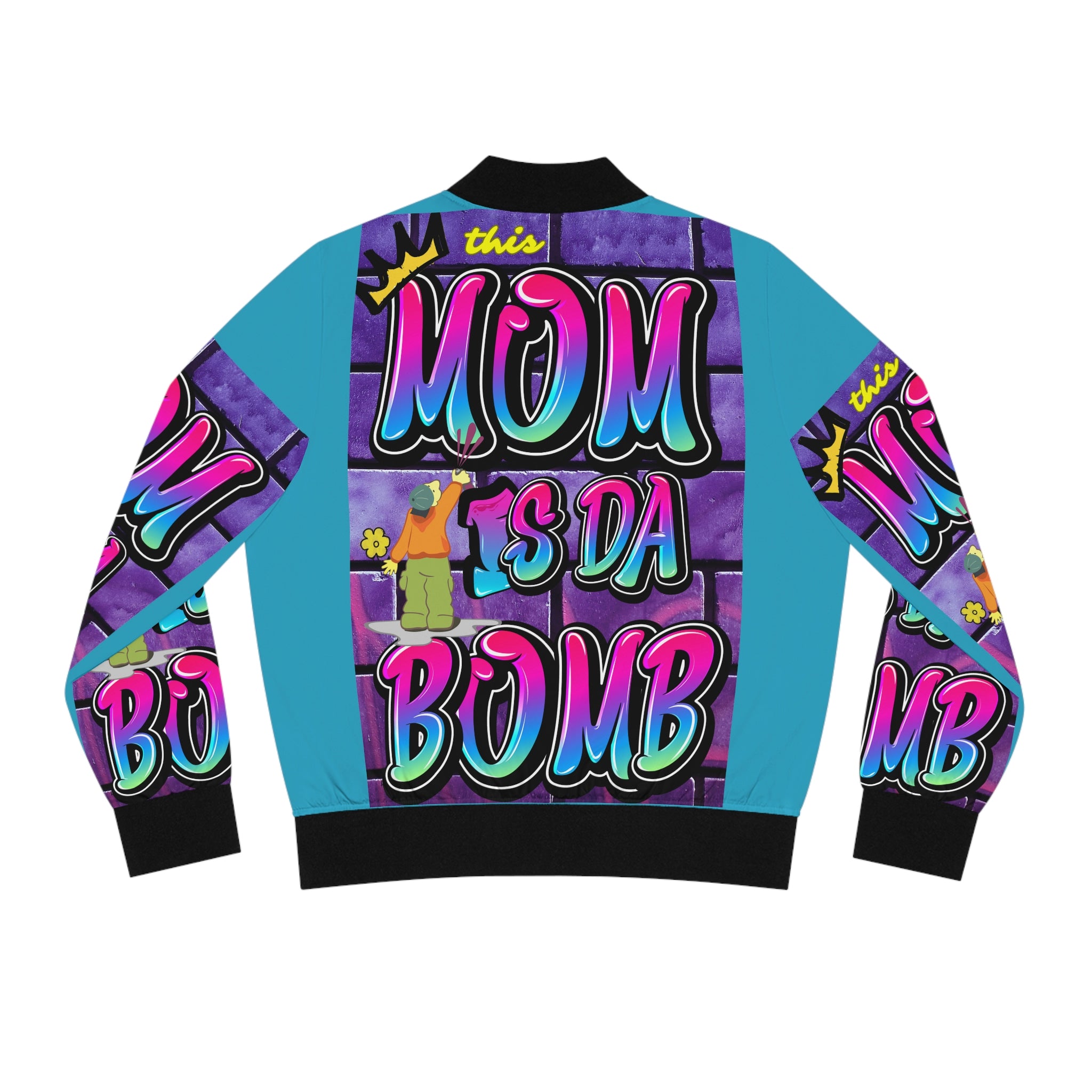 THIS MOM IS THE BOMB - 90s Retro - Women's Turquoise Bomber Jacket (AOP)