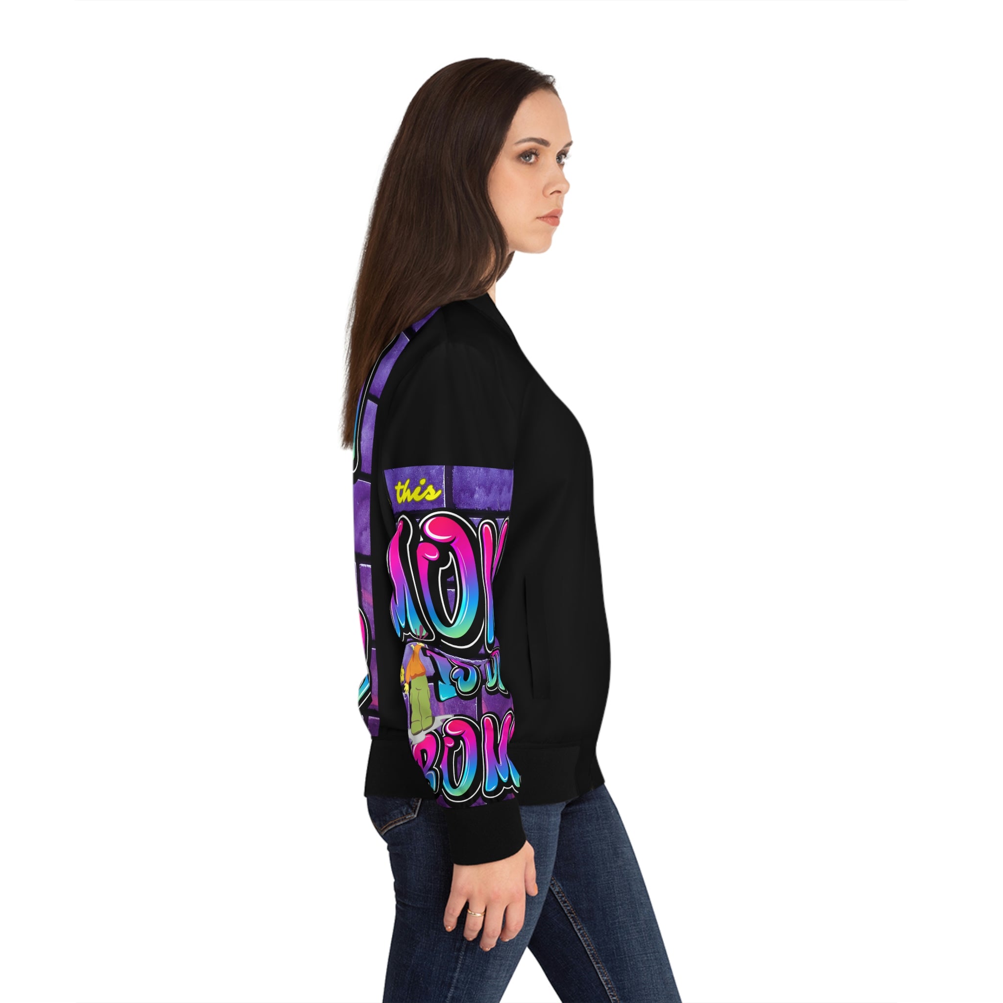 THIS MOM IS THE BOMB - 90s Retro - Women's Black Bomber Jacket (AOP)
