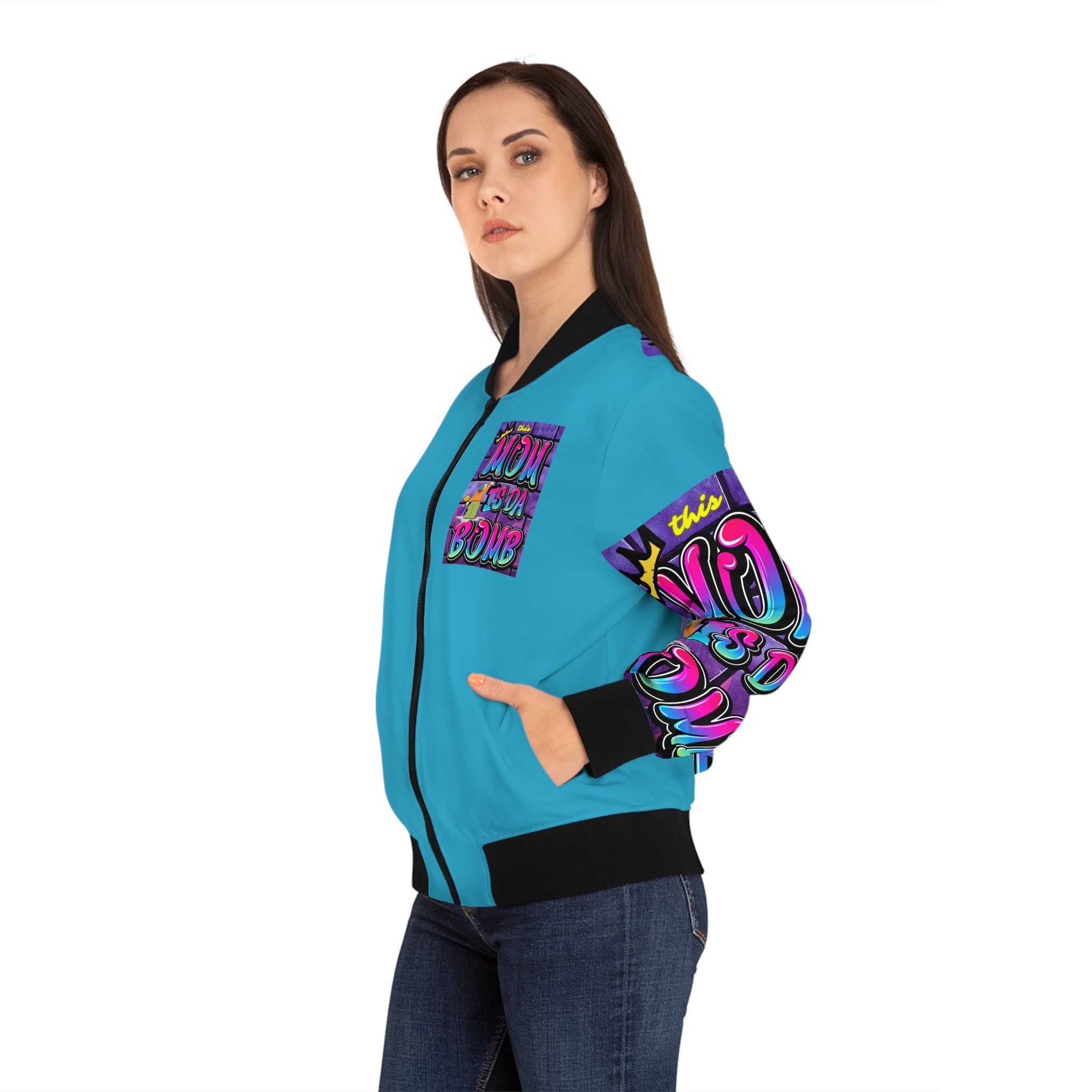 THIS MOM IS THE BOMB - 90s Retro - Women's Turquoise Bomber Jacket (AOP)