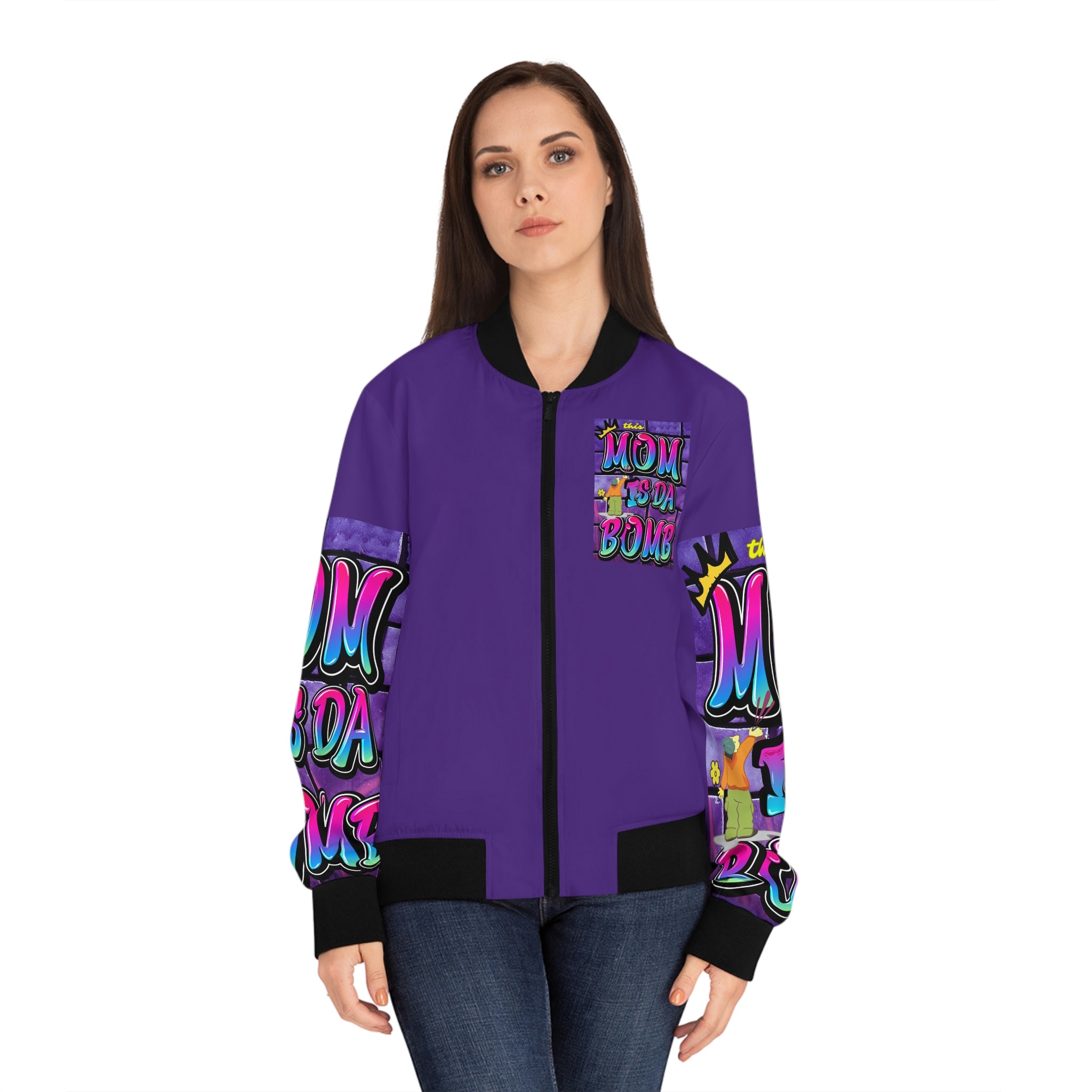 THIS MOM IS THE BOMB - 90s Retro - Women's Purple Bomber Jacket (AOP)