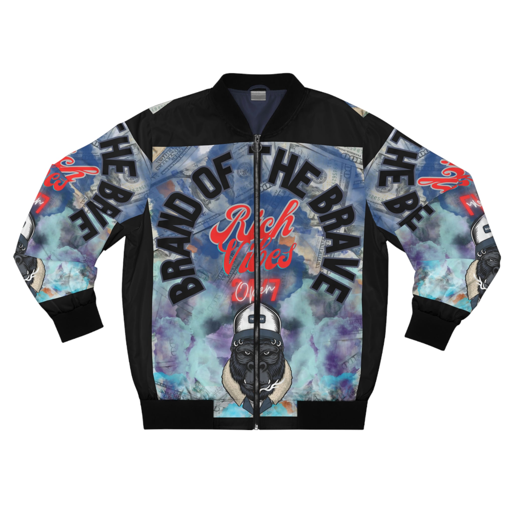 RICH VIBES BRAND OF THE BRAVE APE - Men's Black Bomber Jacket (AOP)