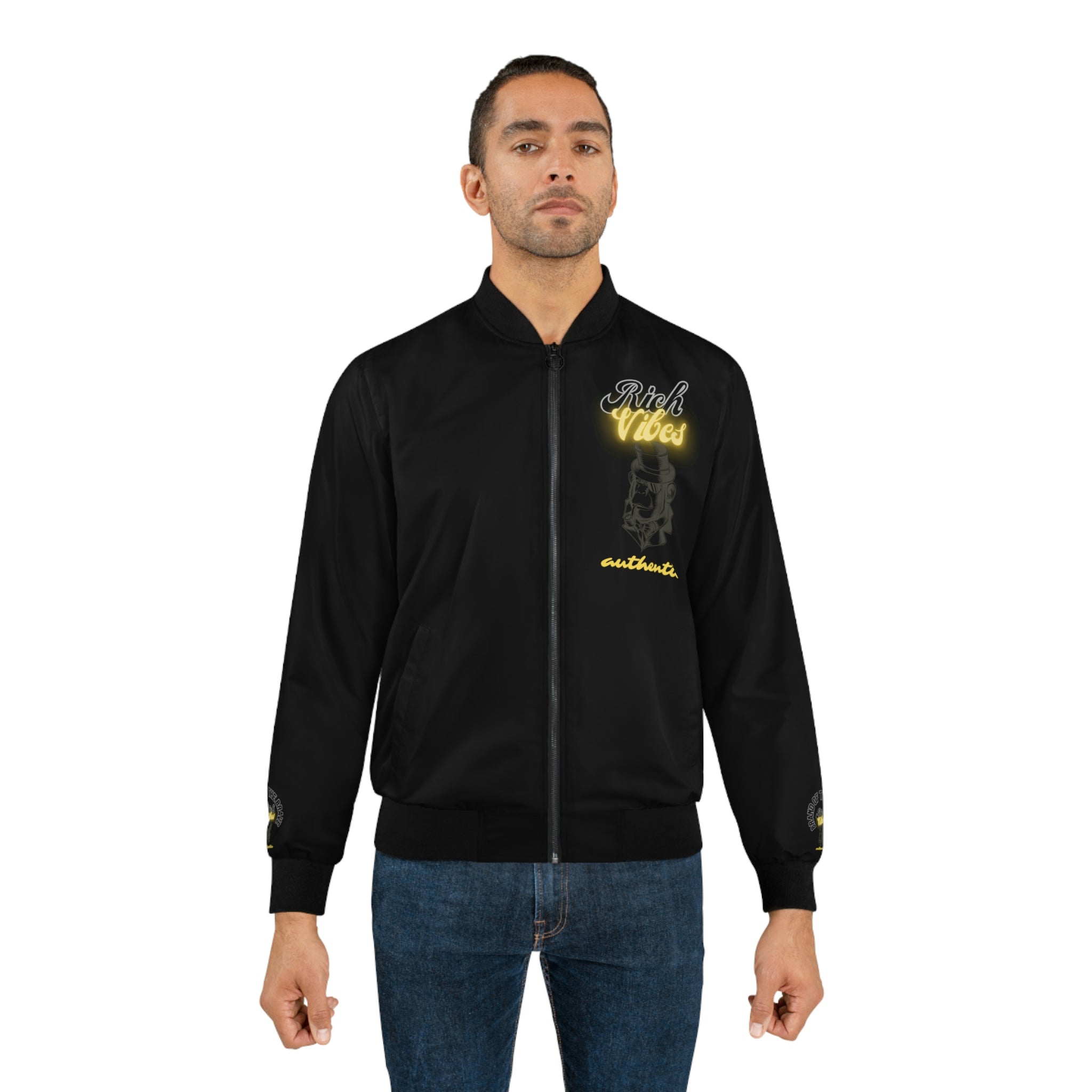 RICH VIBES BRAND OF THE BRAVE TOP APE Bike Life - Men's Black Bomber Jacket (AOP)