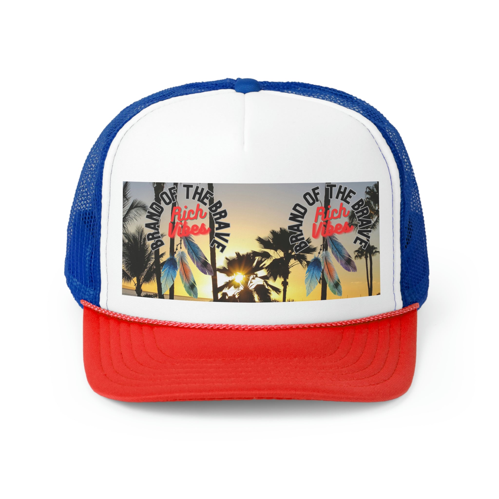 Rich Vibes Brand Of The Brave Maui Sunset 3 Feathers Print - Trucker Hat