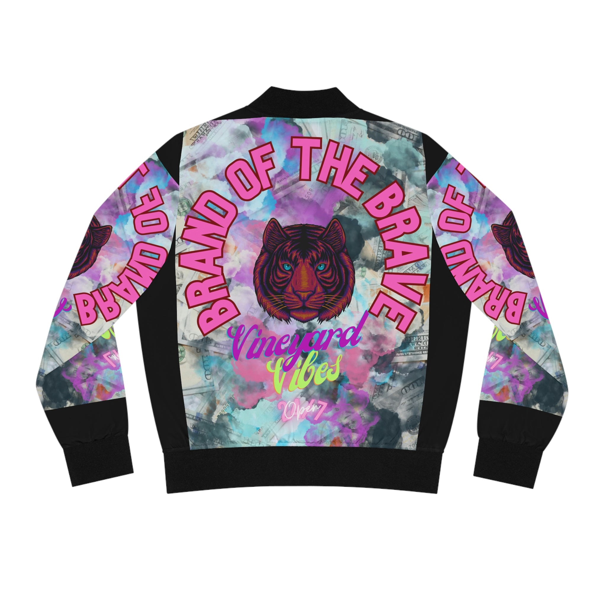 Vineyard Vibes Brand Of The Brave - Women's Black Bomber Jacket (AOP)