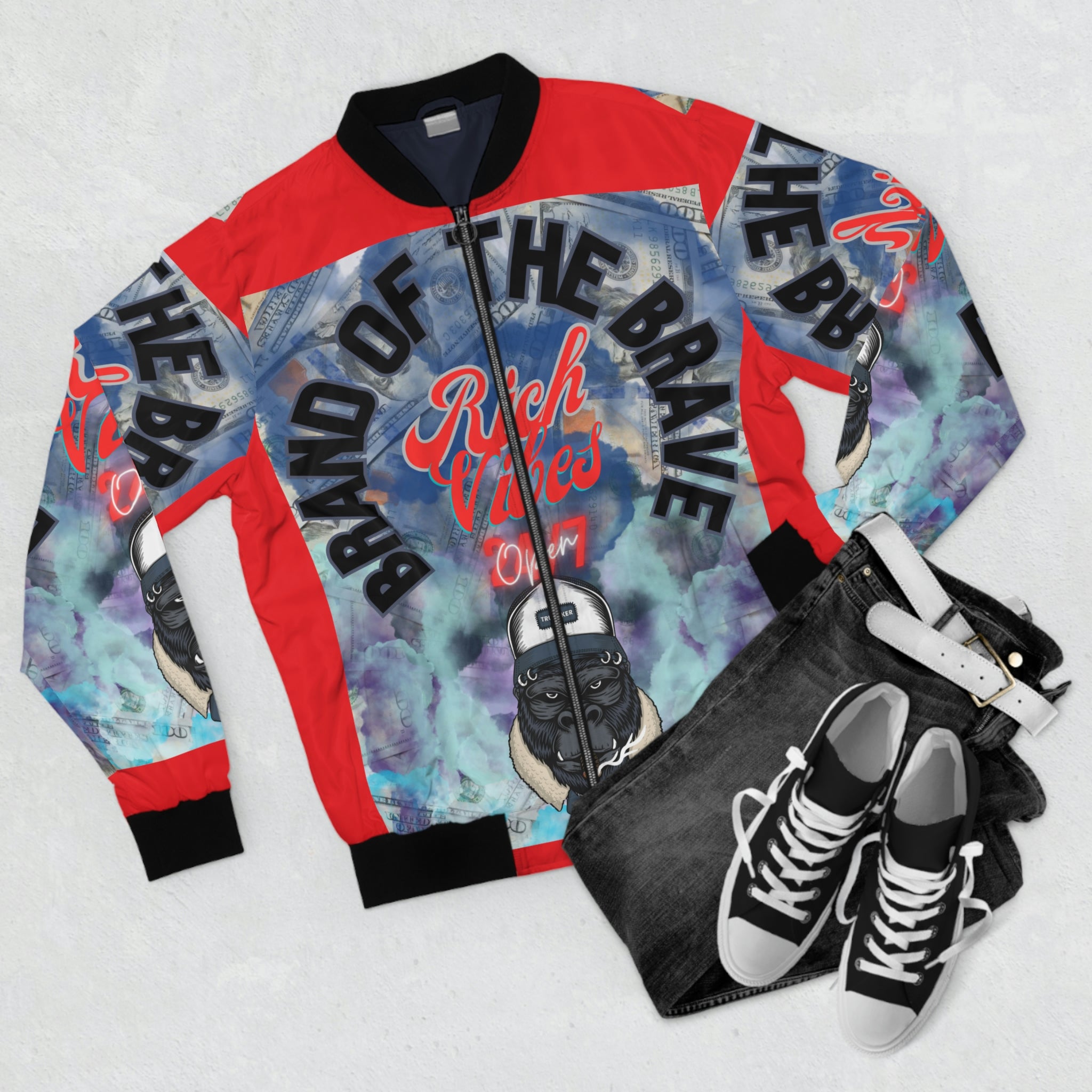 RICH VIBES BRAND OF THE BRAVE APE - Men's Red Bomber Jacket (AOP)
