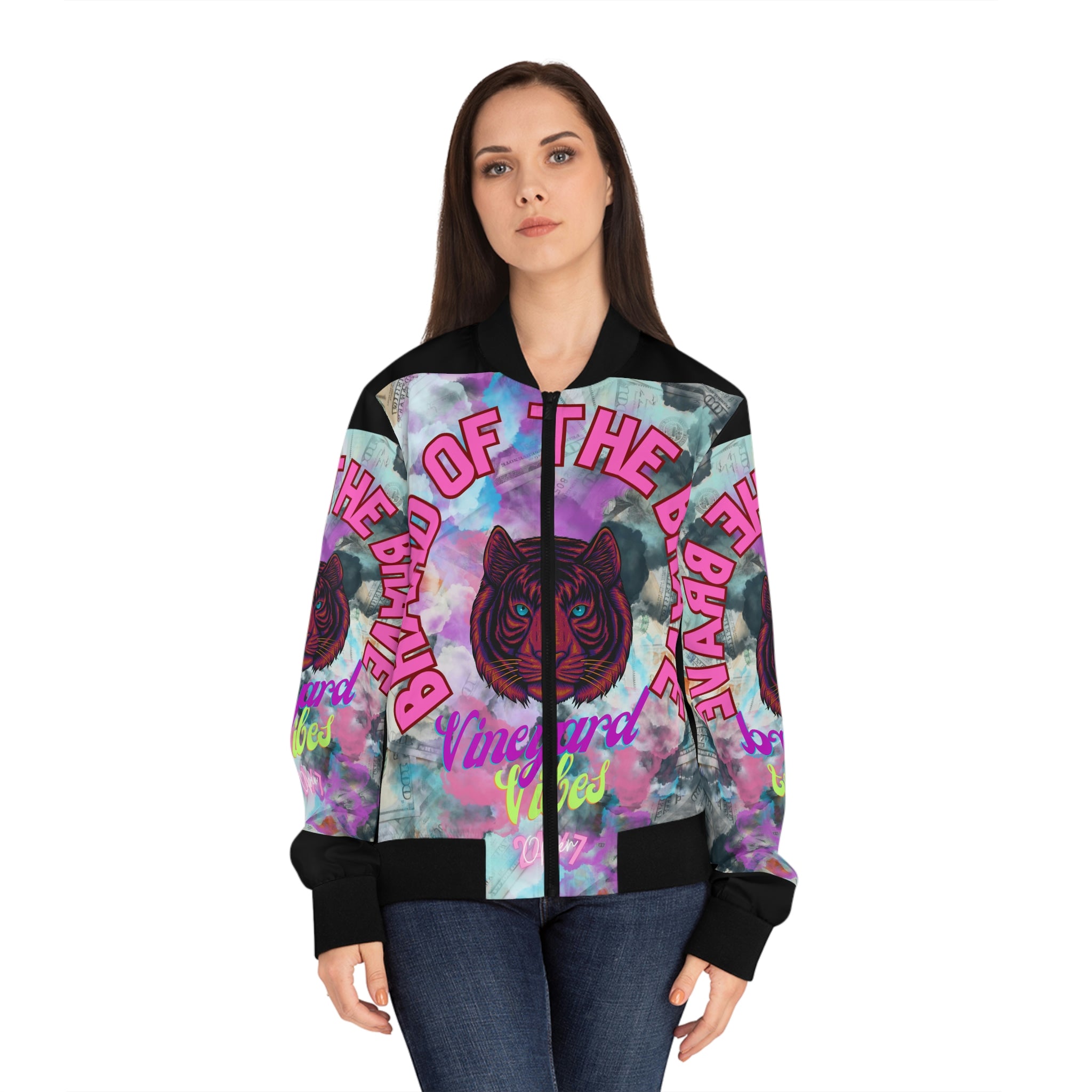 Vineyard Vibes Brand Of The Brave - Women's Black Bomber Jacket (AOP)