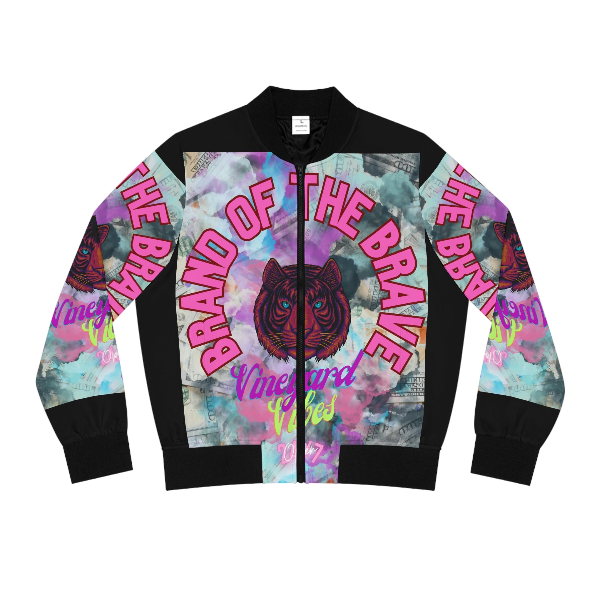 Vineyard Vibes Brand Of The Brave - Women's Black Bomber Jacket (AOP)