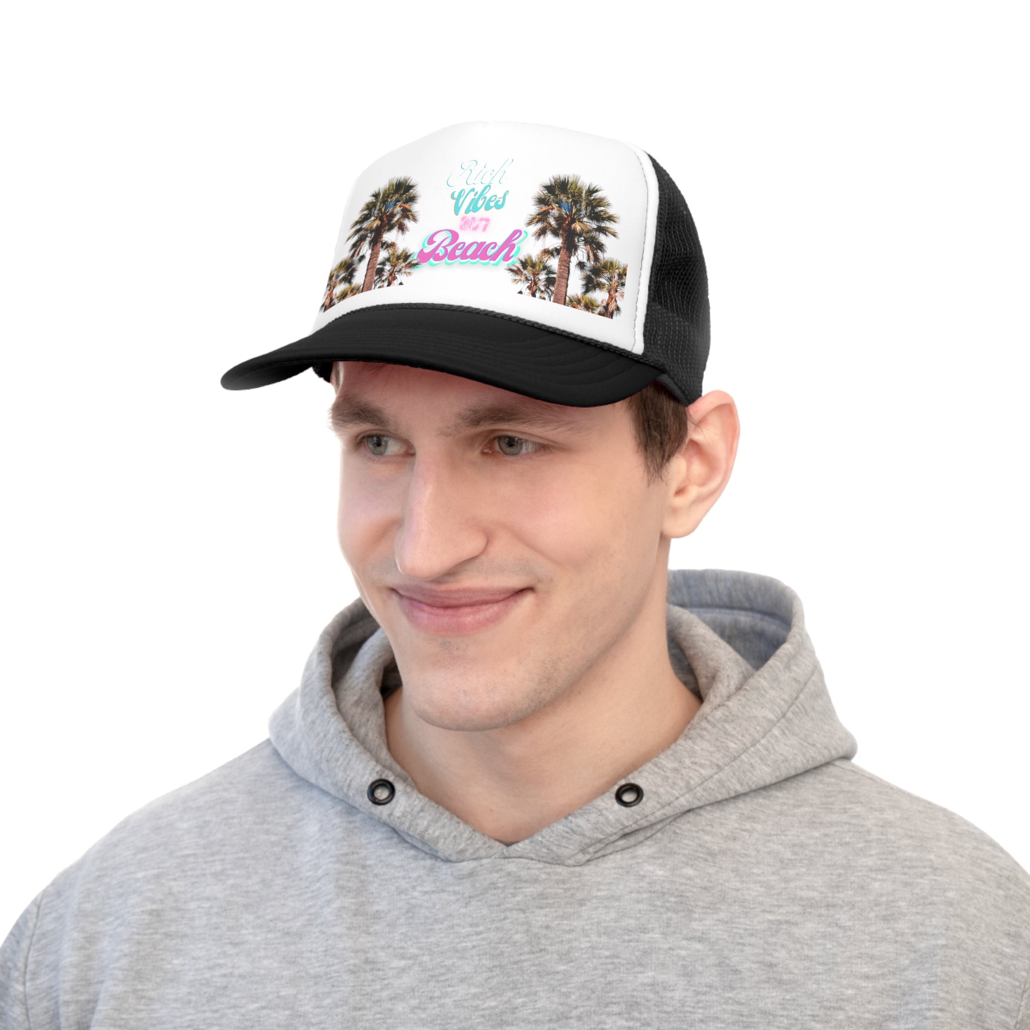 Rich Vibes Logo 24/7 Miami Beach Pink Vibes - Trucker Hat