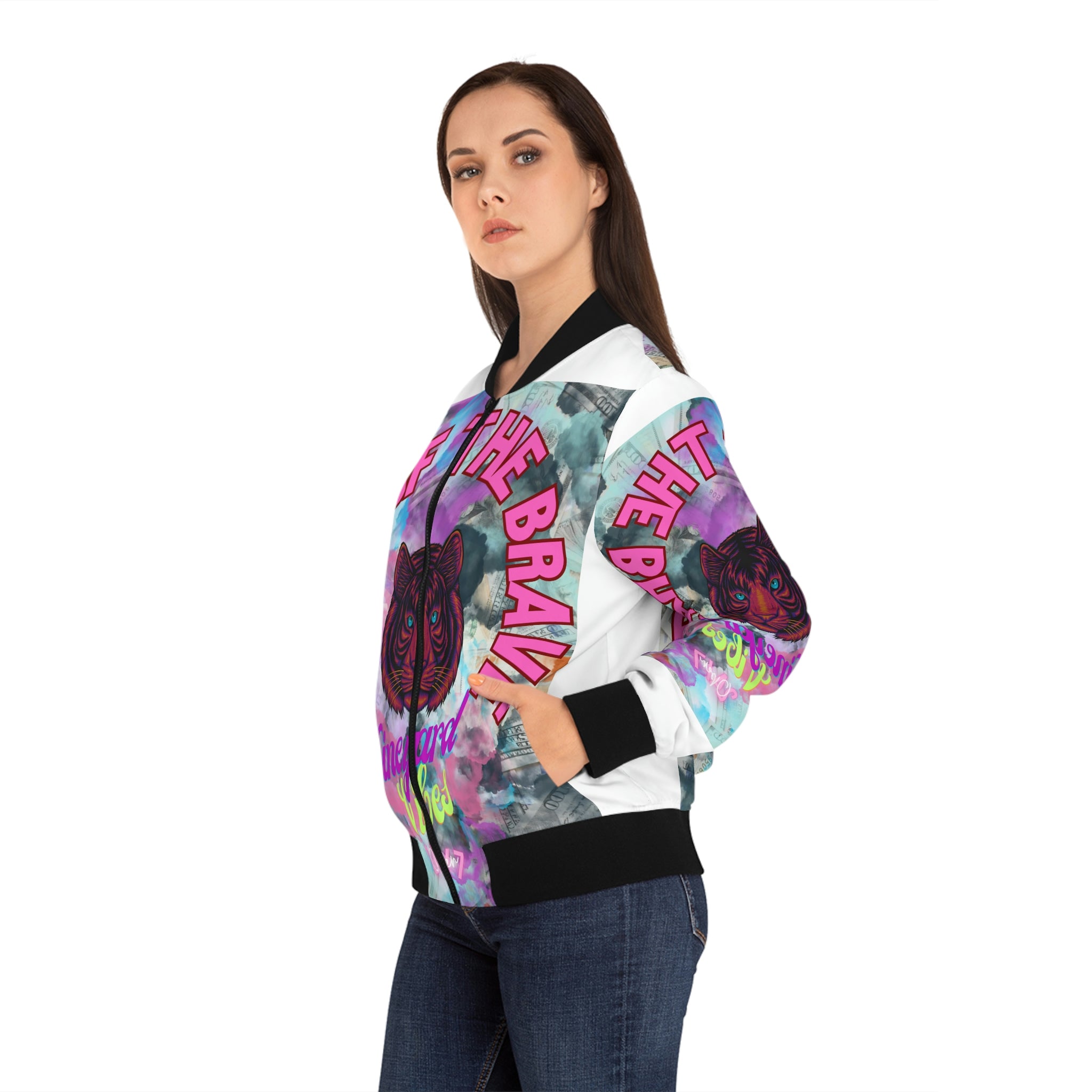 Vineyard Vibes Brand Of The Brave - Women's White Bomber Jacket (AOP)