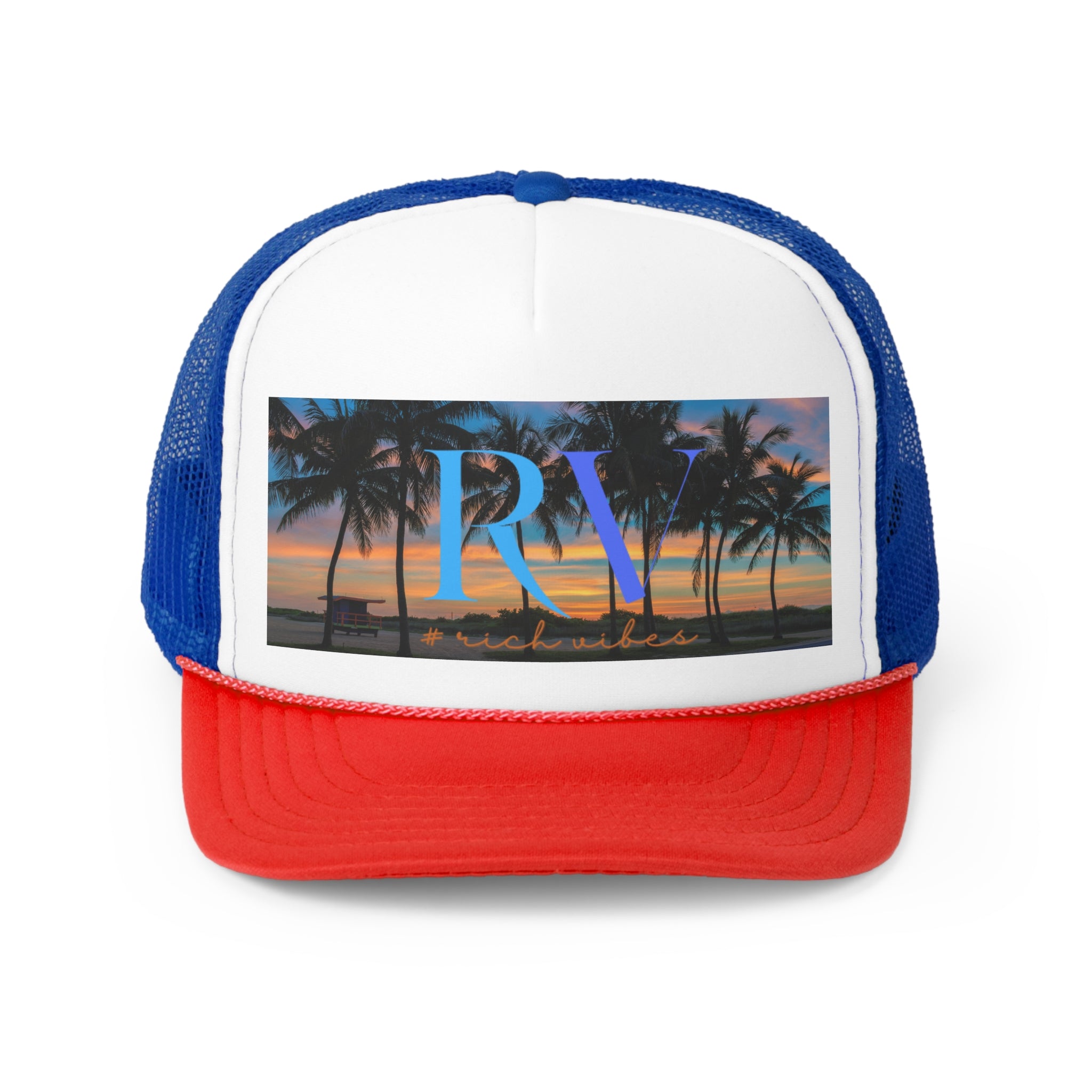 Rich Vibes South Beach Sunset Miami Beach RV Logo - Trucker Hat