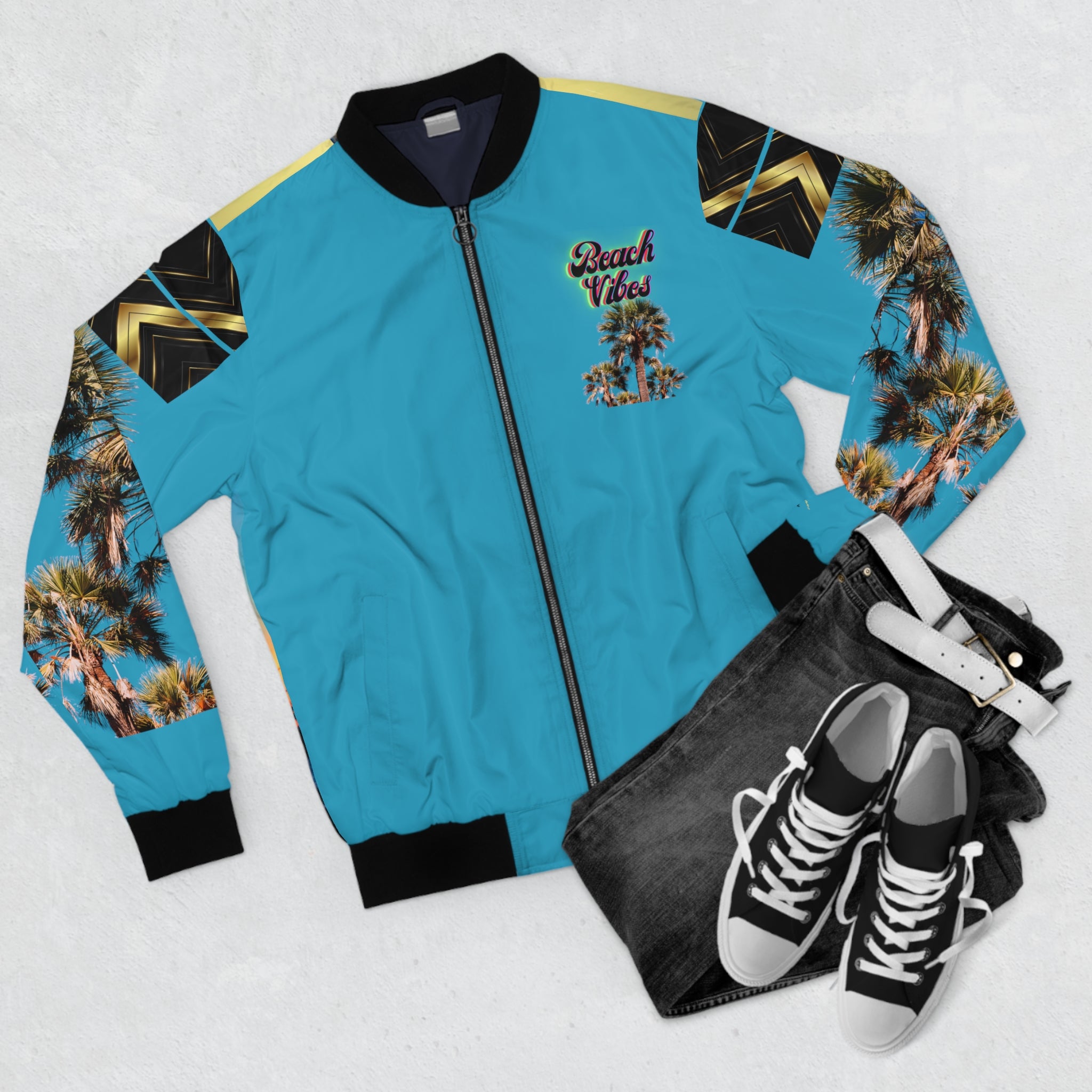 RICH VIBES Palm Beach Vibes Authentic Signature Collection - Men's Turquoise Bomber Jacket (AOP)