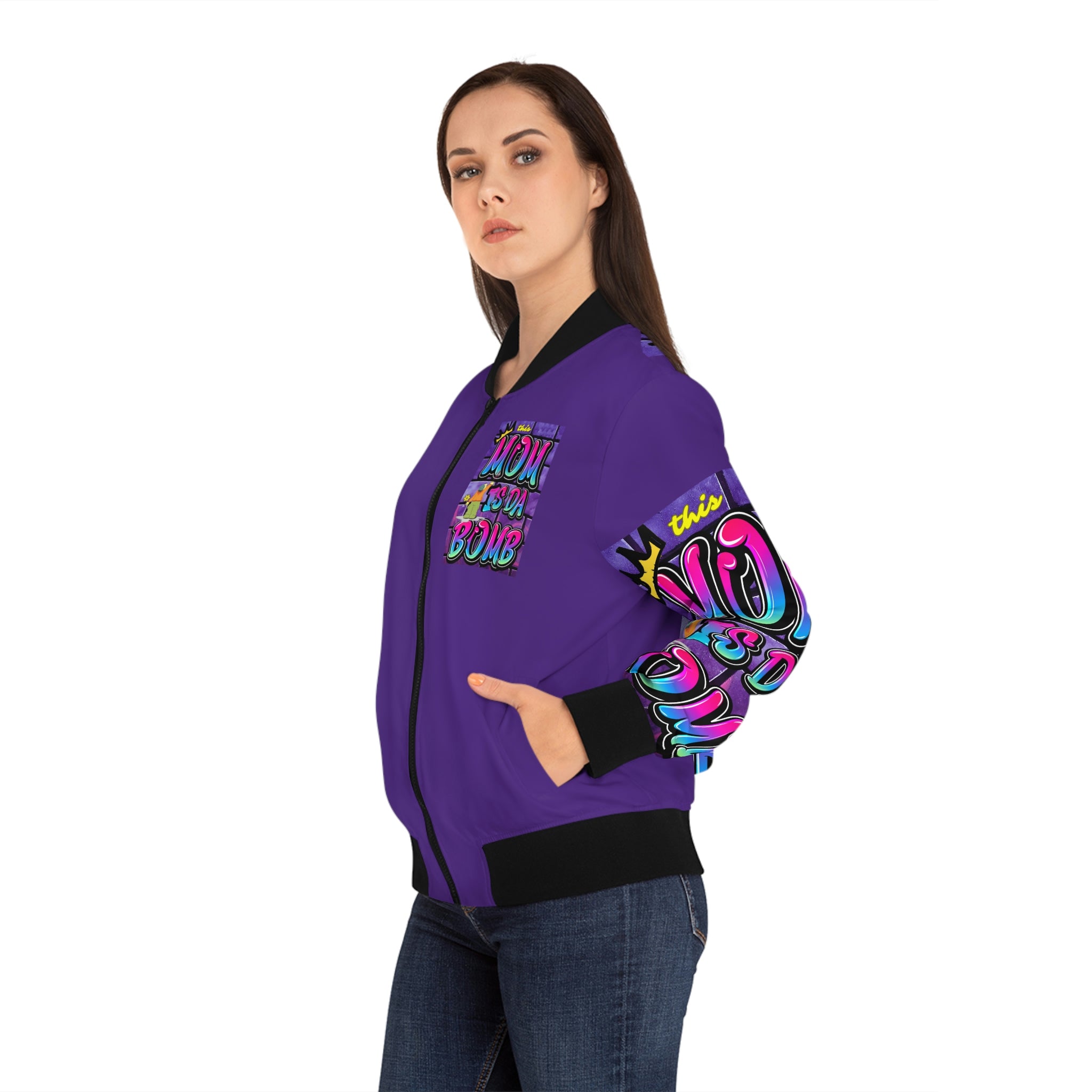 THIS MOM IS THE BOMB - 90s Retro - Women's Purple Bomber Jacket (AOP)
