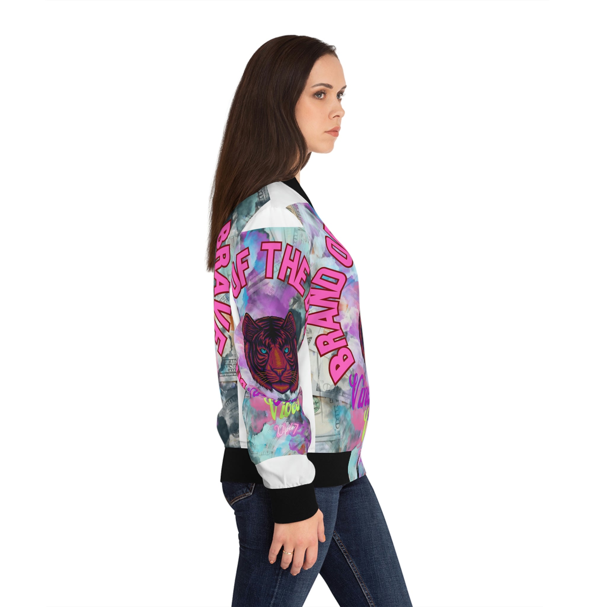 Vineyard Vibes Brand Of The Brave - Women's White Bomber Jacket (AOP)