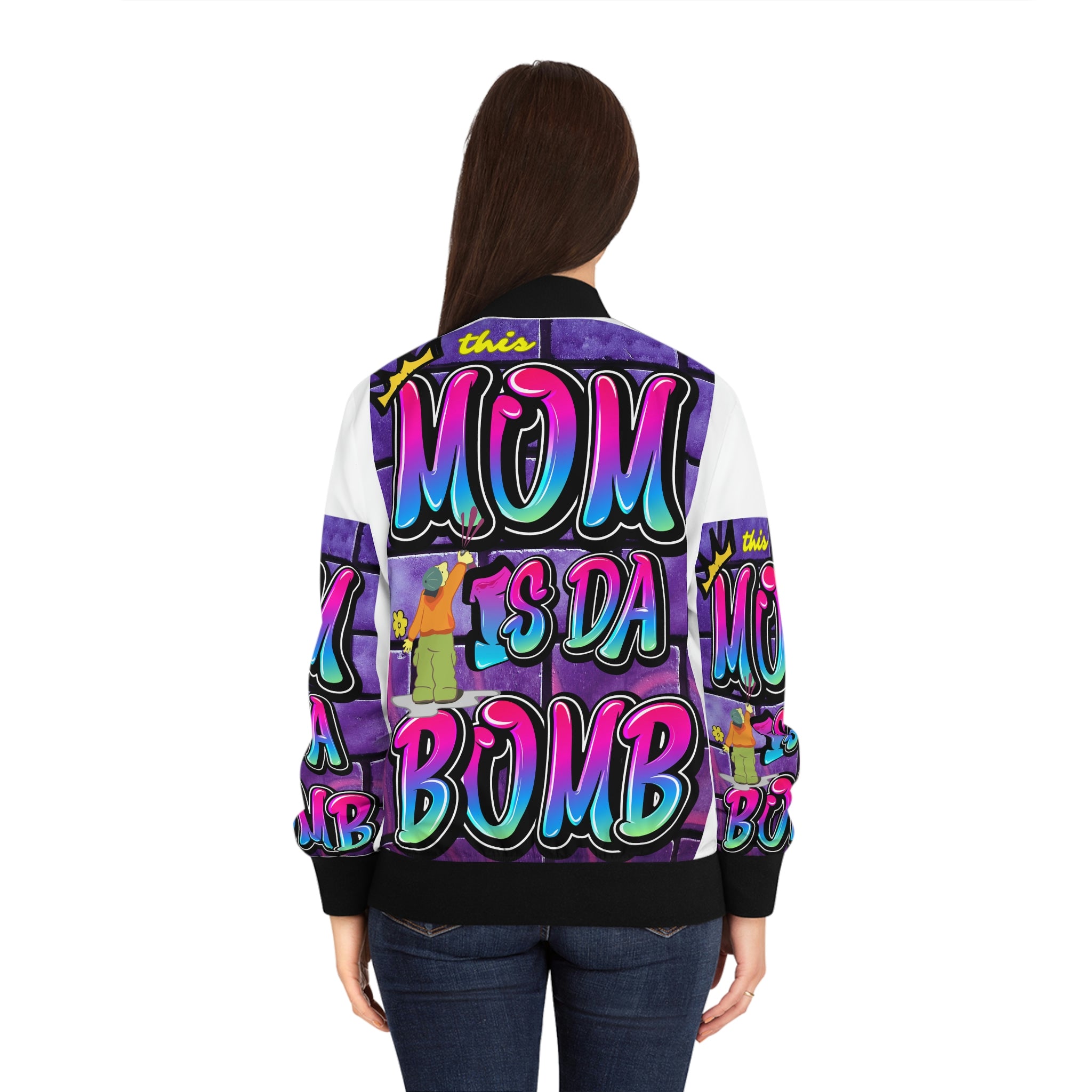 THIS MOM IS THE BOMB - 90s Retro - Women's White Bomber Jacket (AOP)