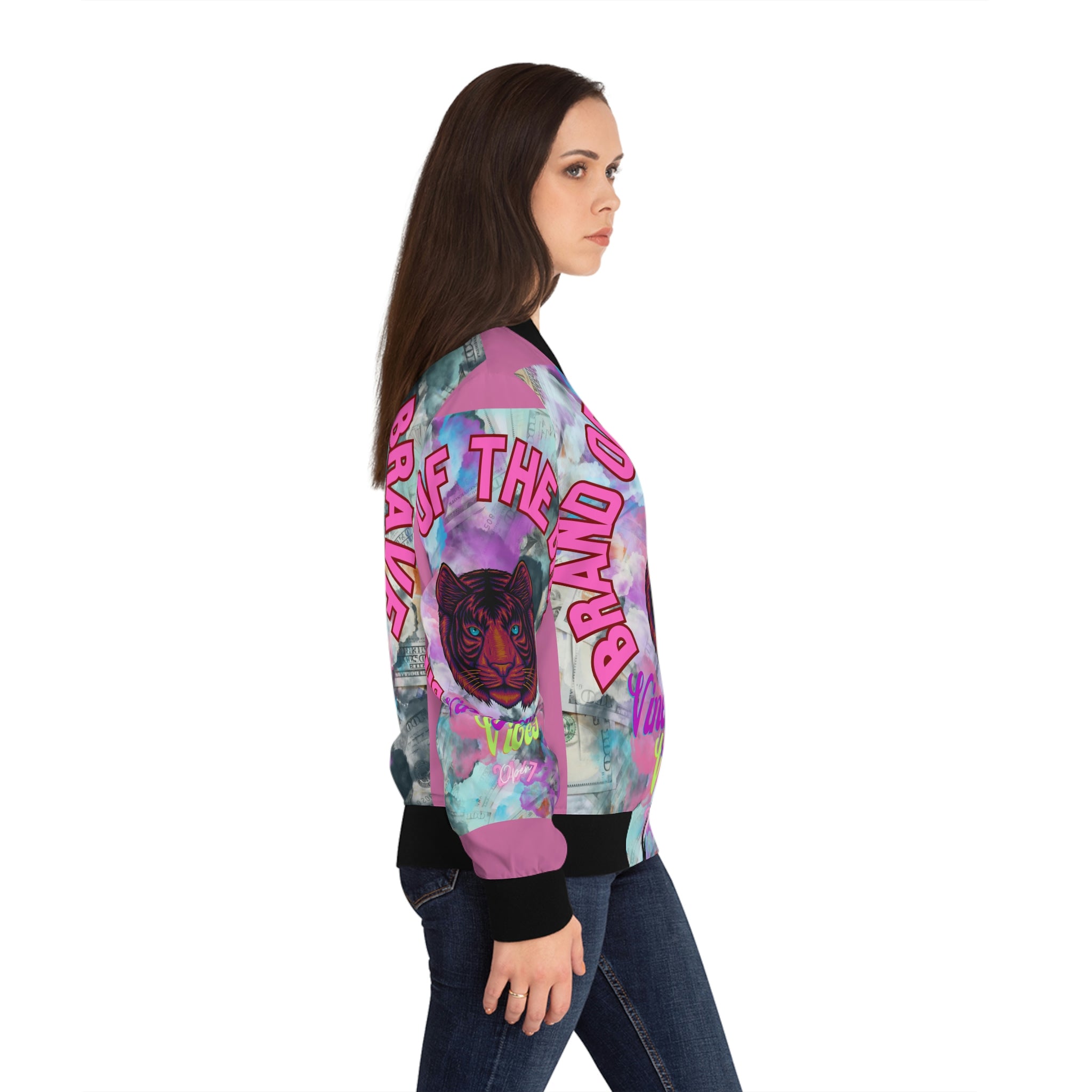 Vineyard Vibes Brand Of The Brave - Women's Light Pink Bomber Jacket (AOP)