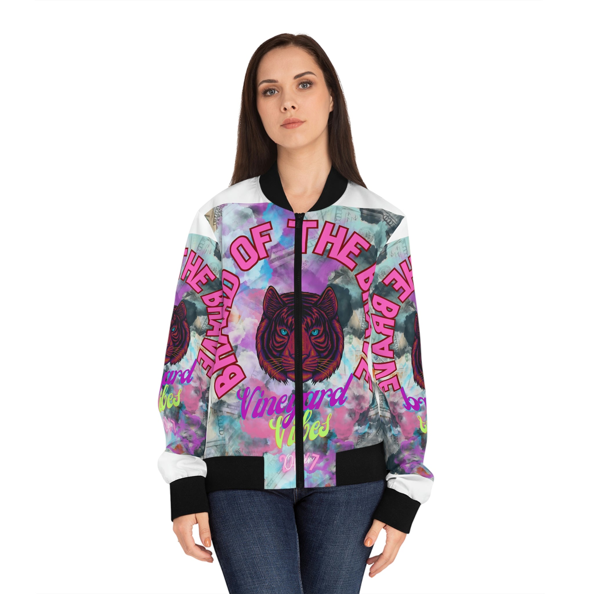 Vineyard Vibes Brand Of The Brave - Women's White Bomber Jacket (AOP)