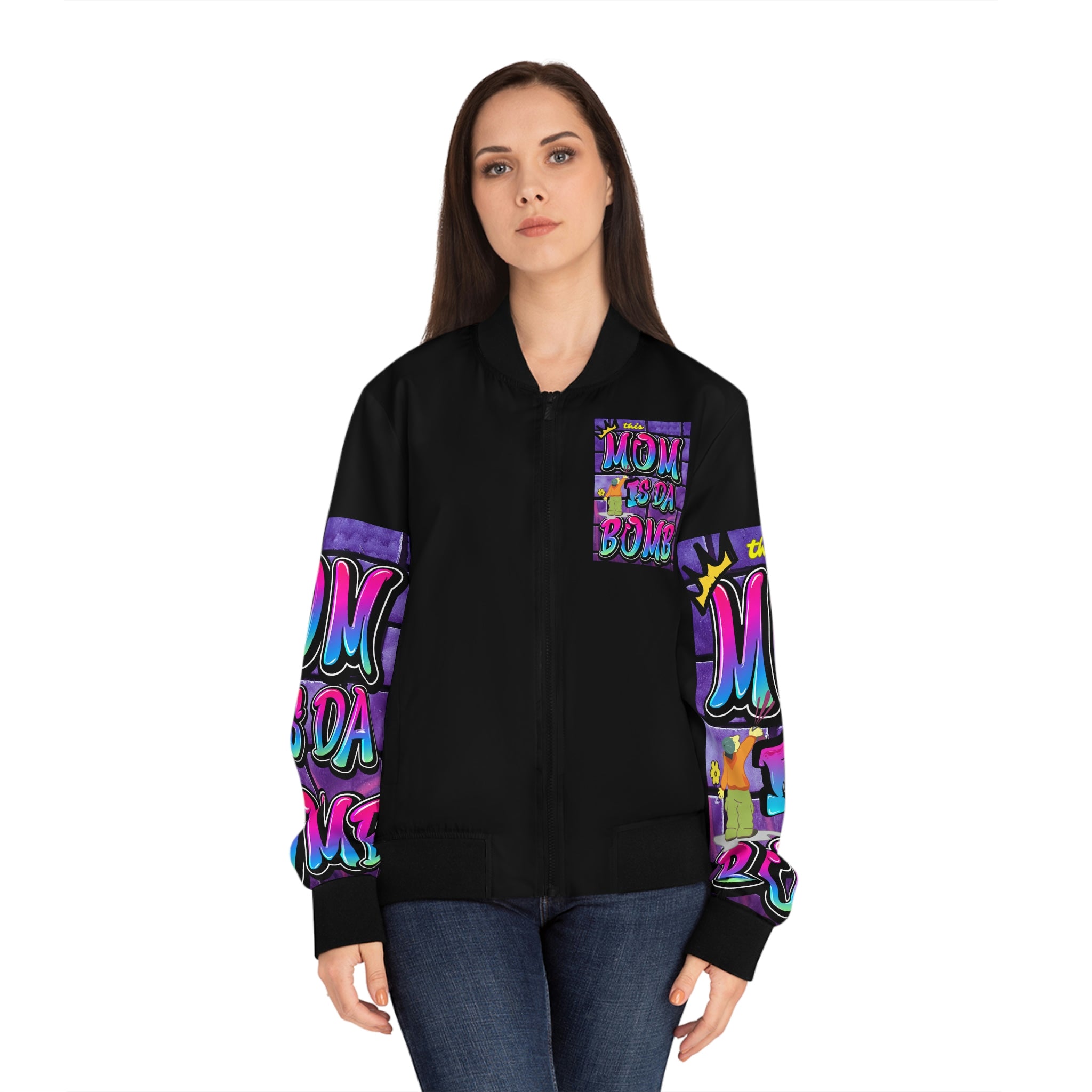 THIS MOM IS THE BOMB - 90s Retro - Women's Black Bomber Jacket (AOP)