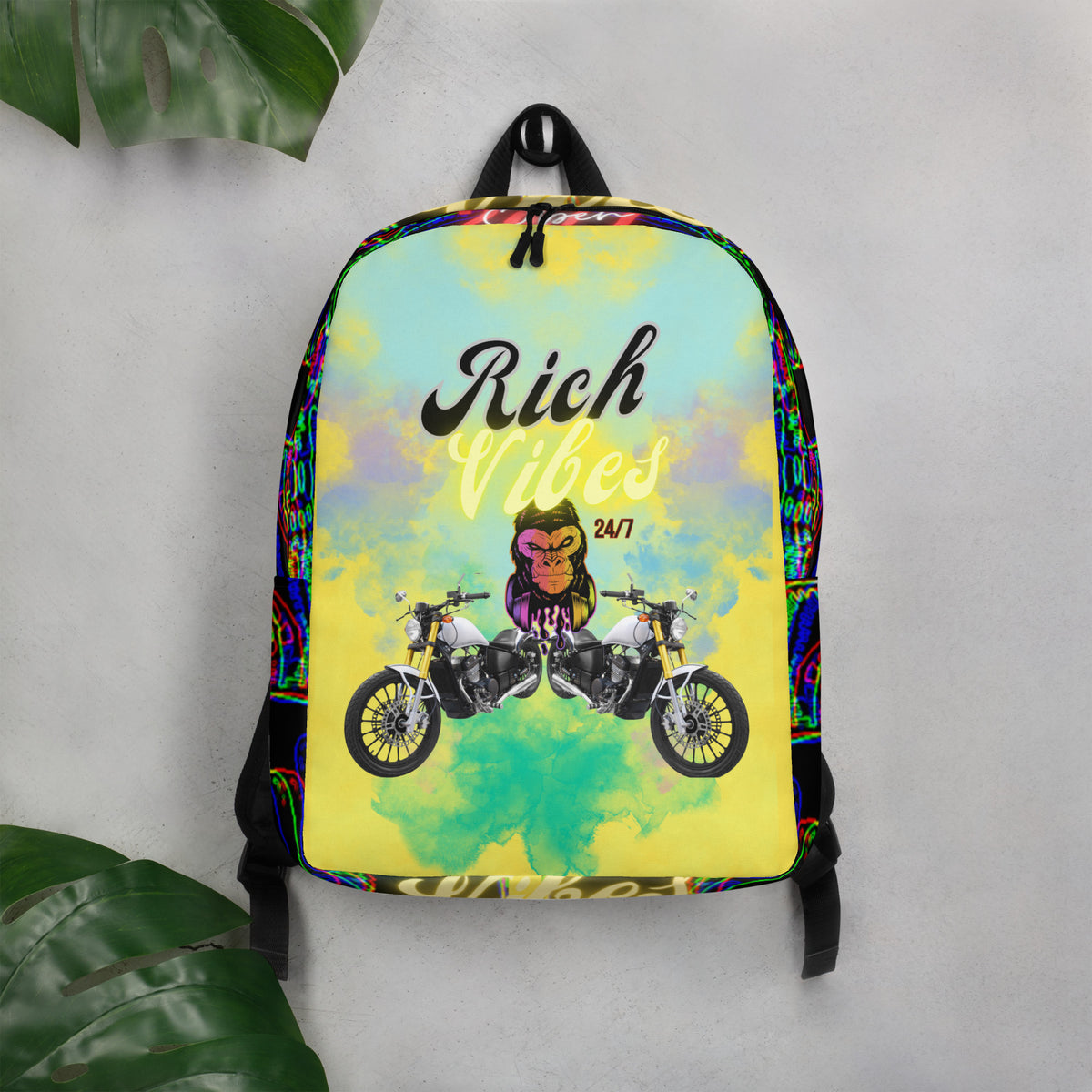 Rich Vibes Purple & Yellow Ape Bikes Minimalist Backpack
