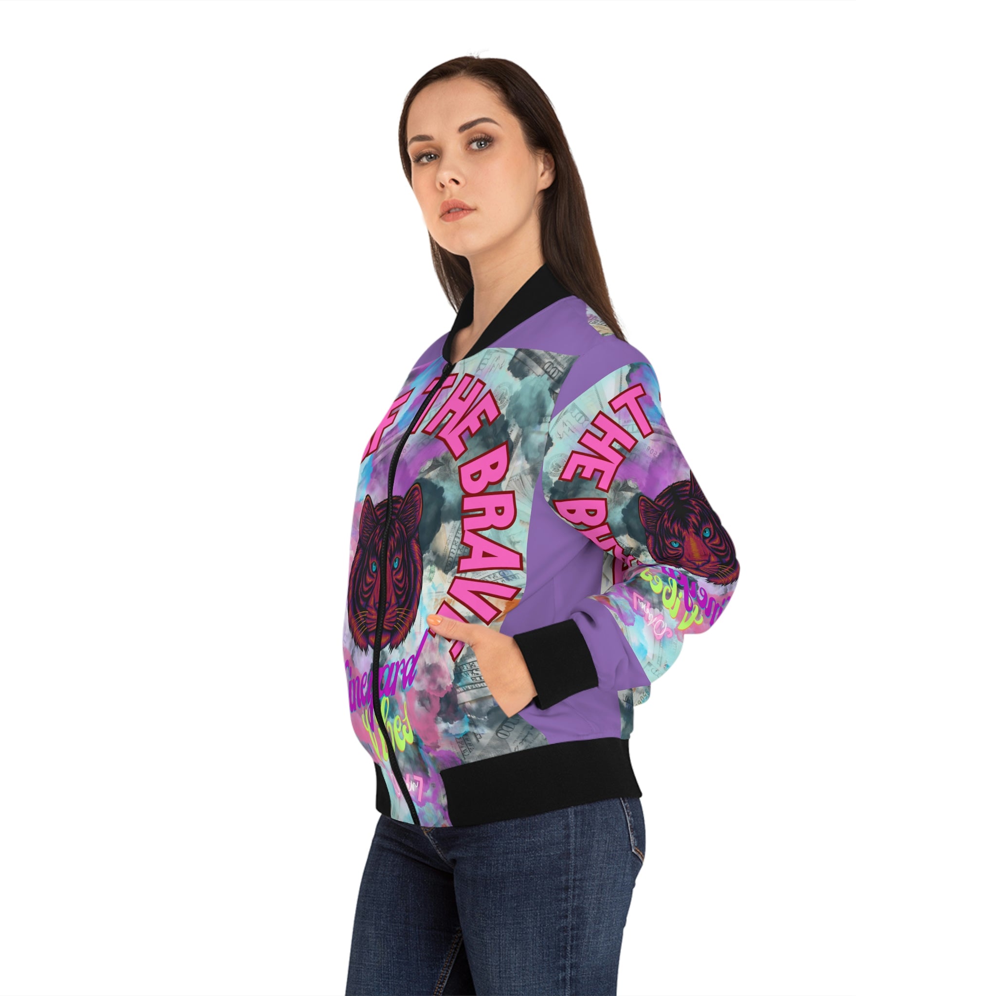 Vineyard Vibes Brand Of The Brave - Women's Light Purple Bomber Jacket (AOP)