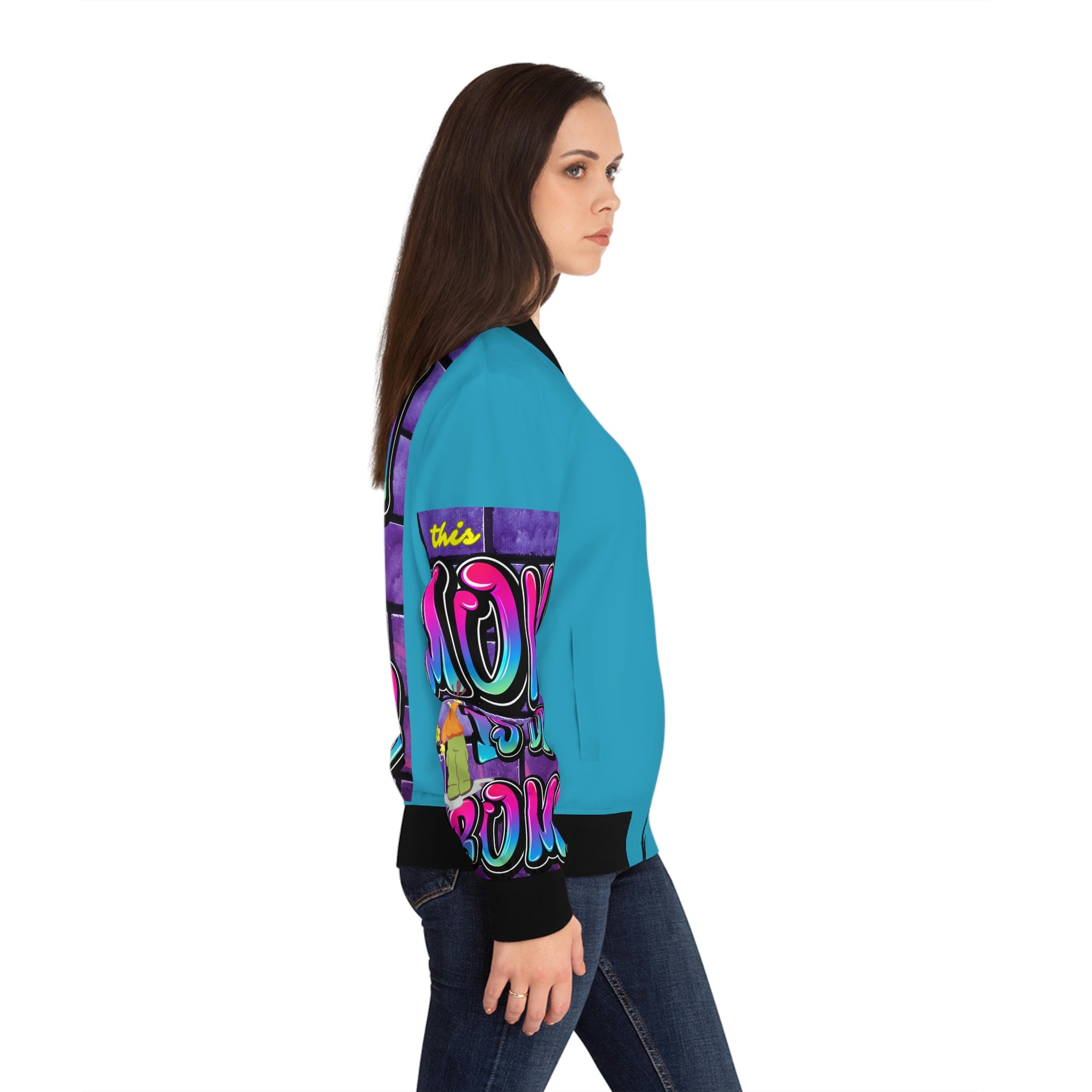THIS MOM IS THE BOMB - 90s Retro - Women's Turquoise Bomber Jacket (AOP)