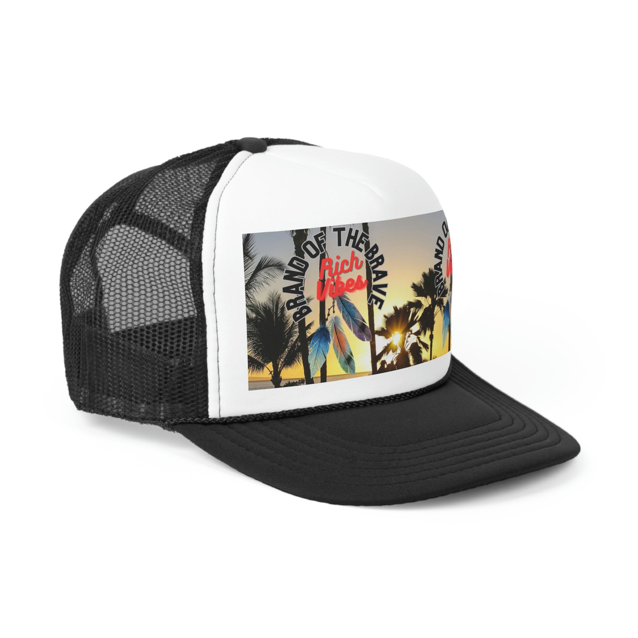 Rich Vibes Brand Of The Brave Maui Sunset 3 Feathers Print - Trucker Hat
