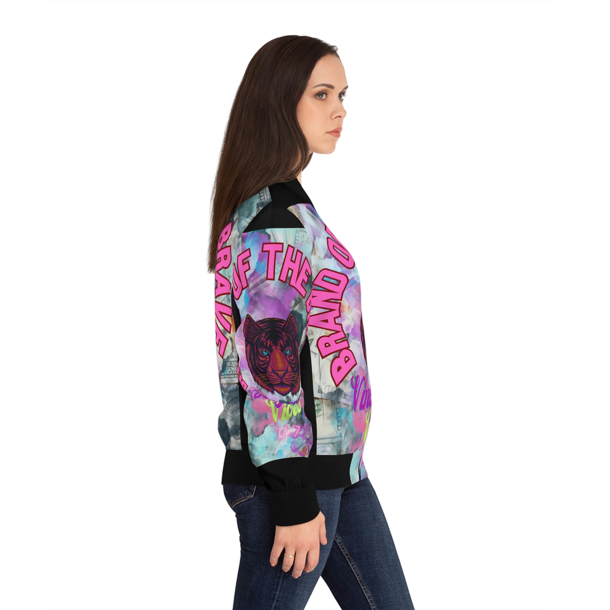Vineyard Vibes Brand Of The Brave - Women's Black Bomber Jacket (AOP)