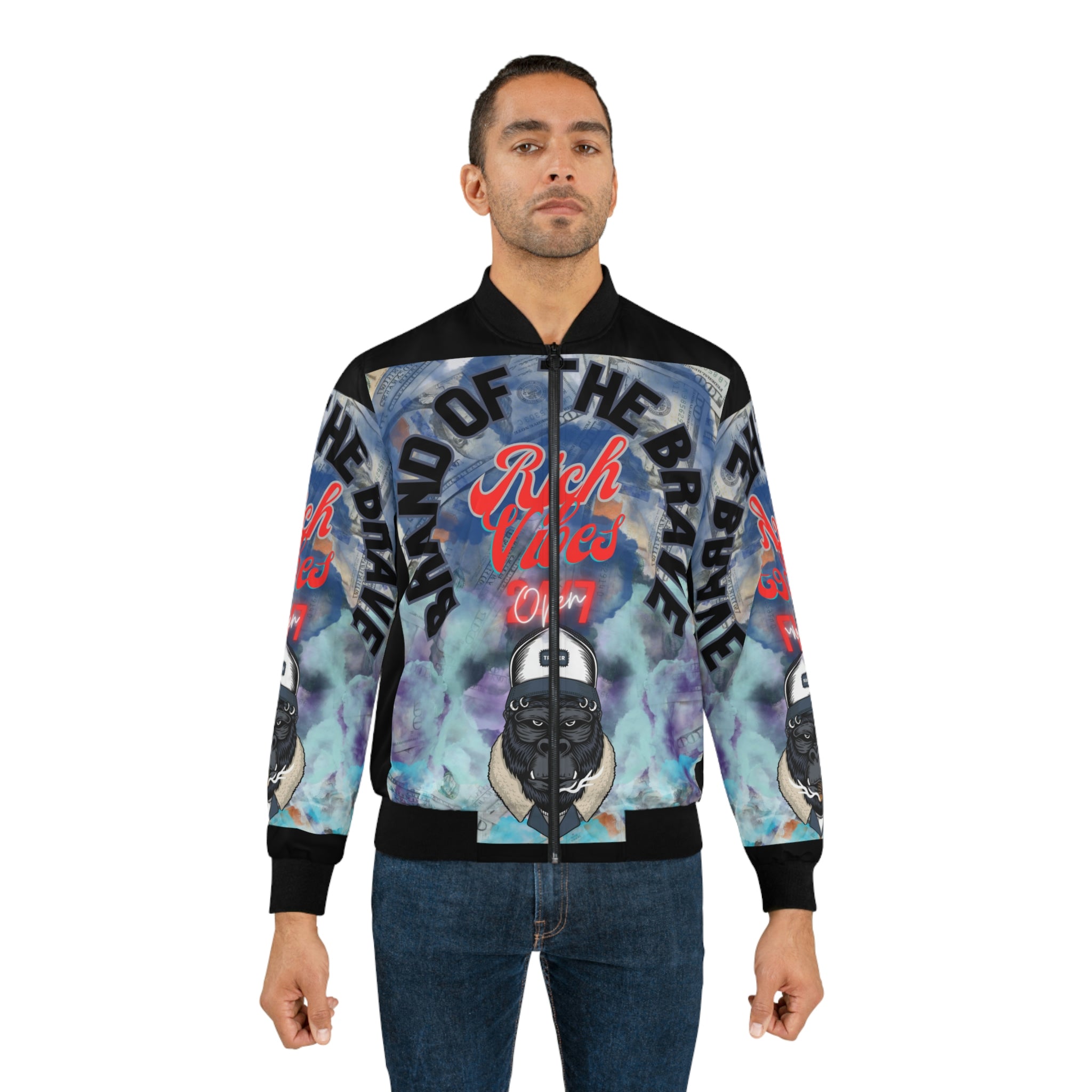 RICH VIBES BRAND OF THE BRAVE APE - Men's Black Bomber Jacket (AOP)