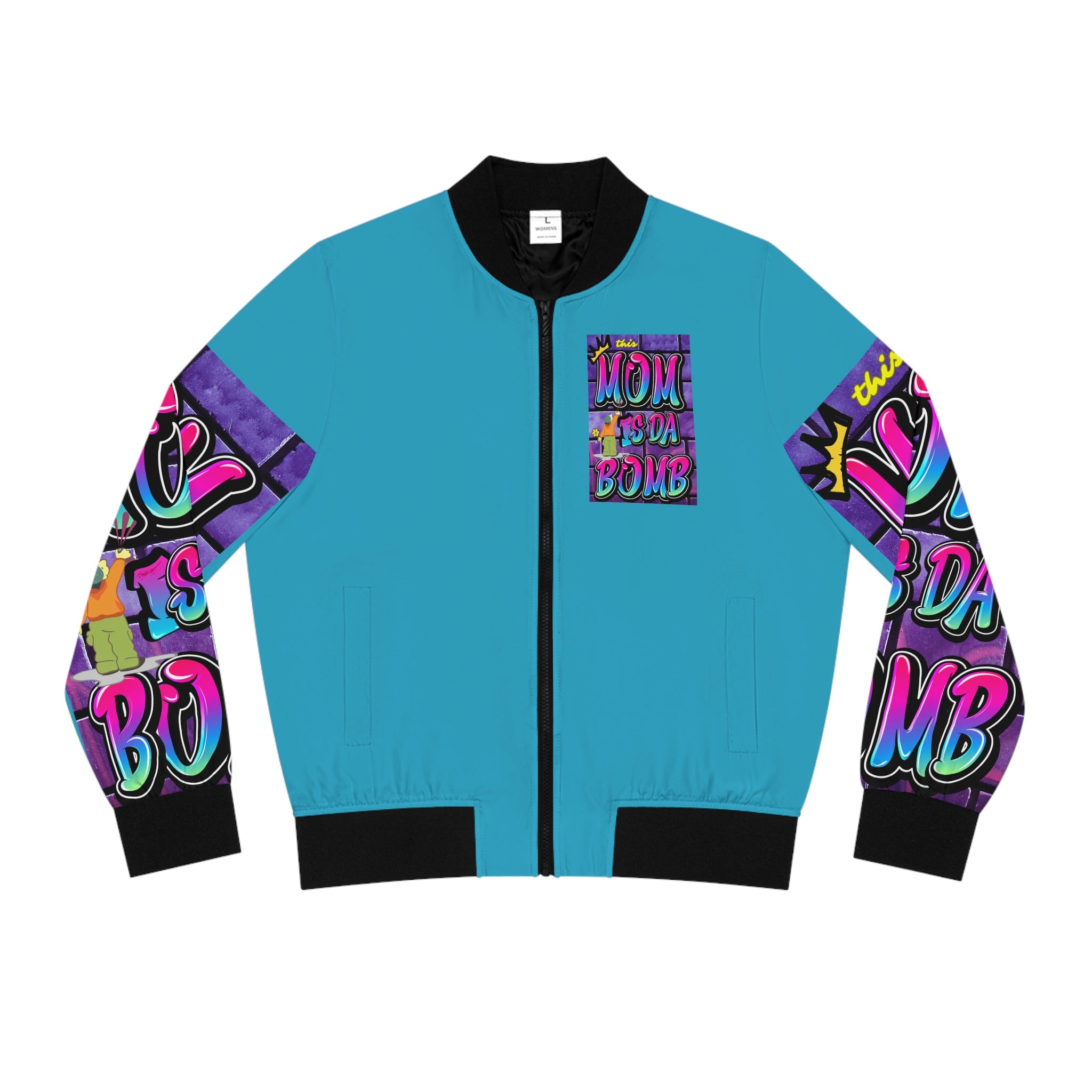 THIS MOM IS THE BOMB - 90s Retro - Women's Turquoise Bomber Jacket (AOP)