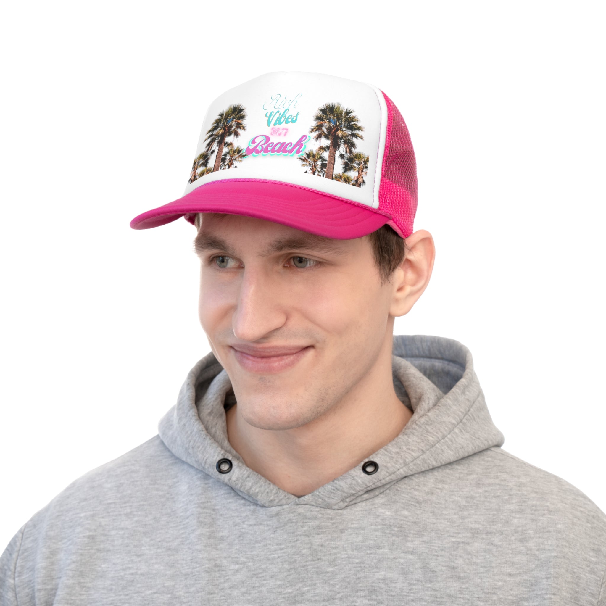 Rich Vibes Logo 24/7 Miami Beach Pink Vibes - Trucker Hat