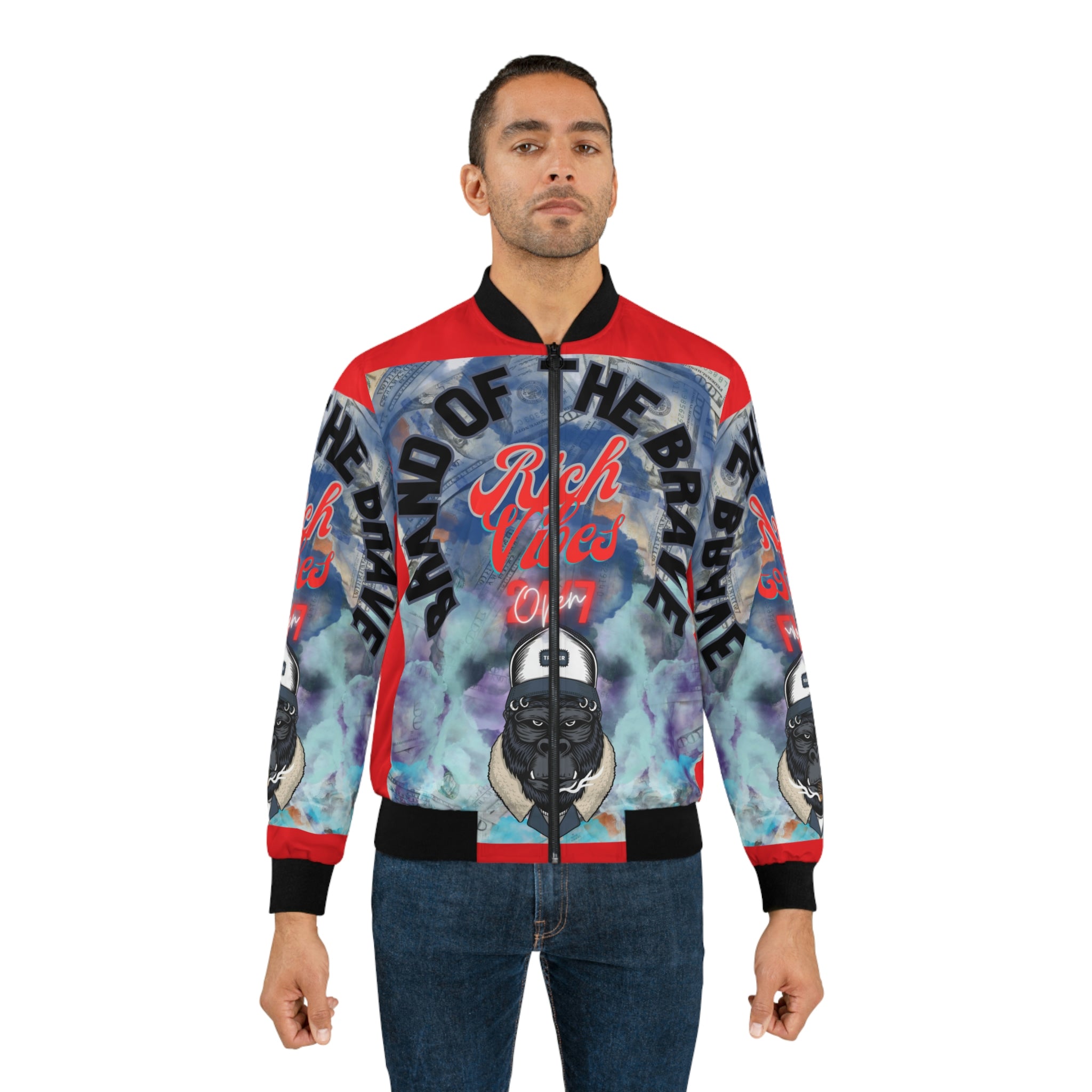 RICH VIBES BRAND OF THE BRAVE APE - Men's Red Bomber Jacket (AOP)