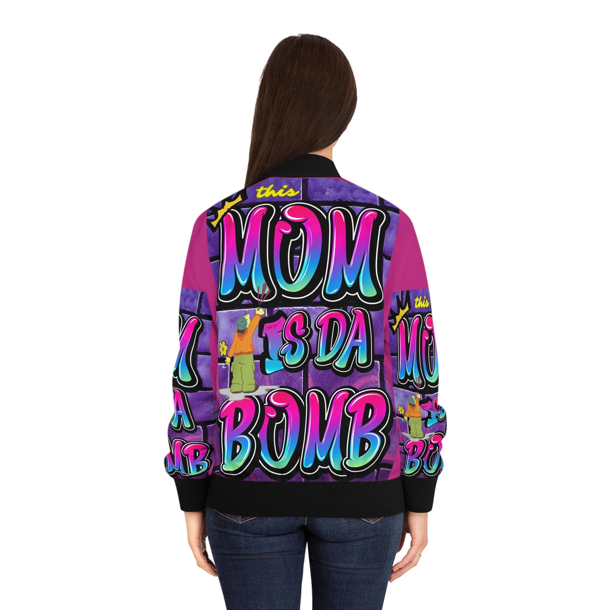 THIS MOM IS THE BOMB - 90s Retro - Women's Pink Bomber Jacket (AOP)