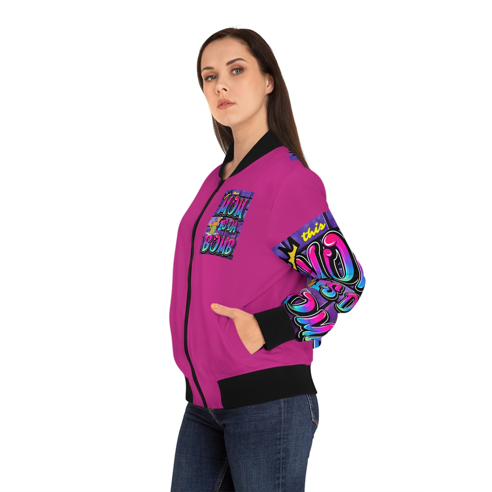 THIS MOM IS THE BOMB - 90s Retro - Women's Pink Bomber Jacket (AOP)