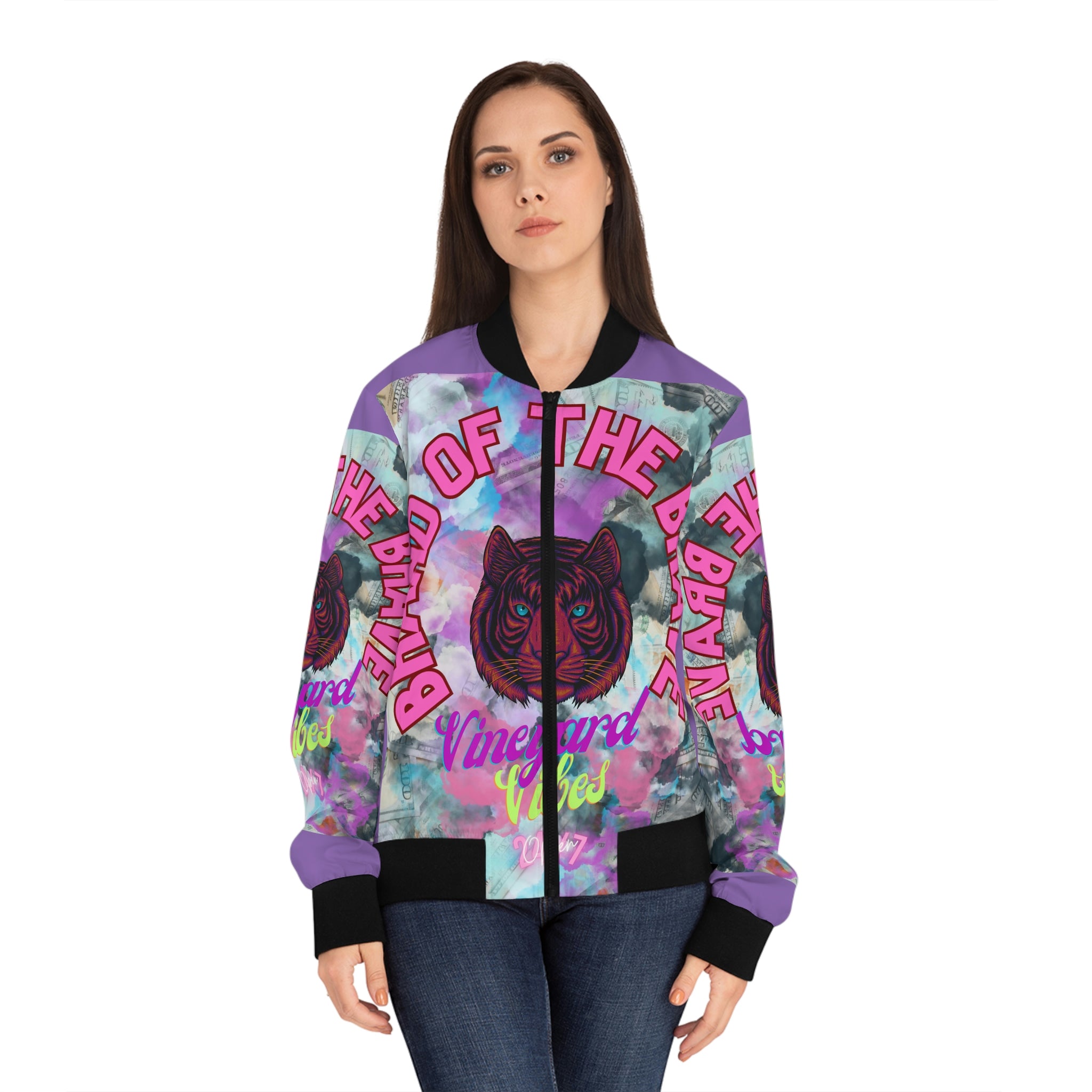 Vineyard Vibes Brand Of The Brave - Women's Light Purple Bomber Jacket (AOP)