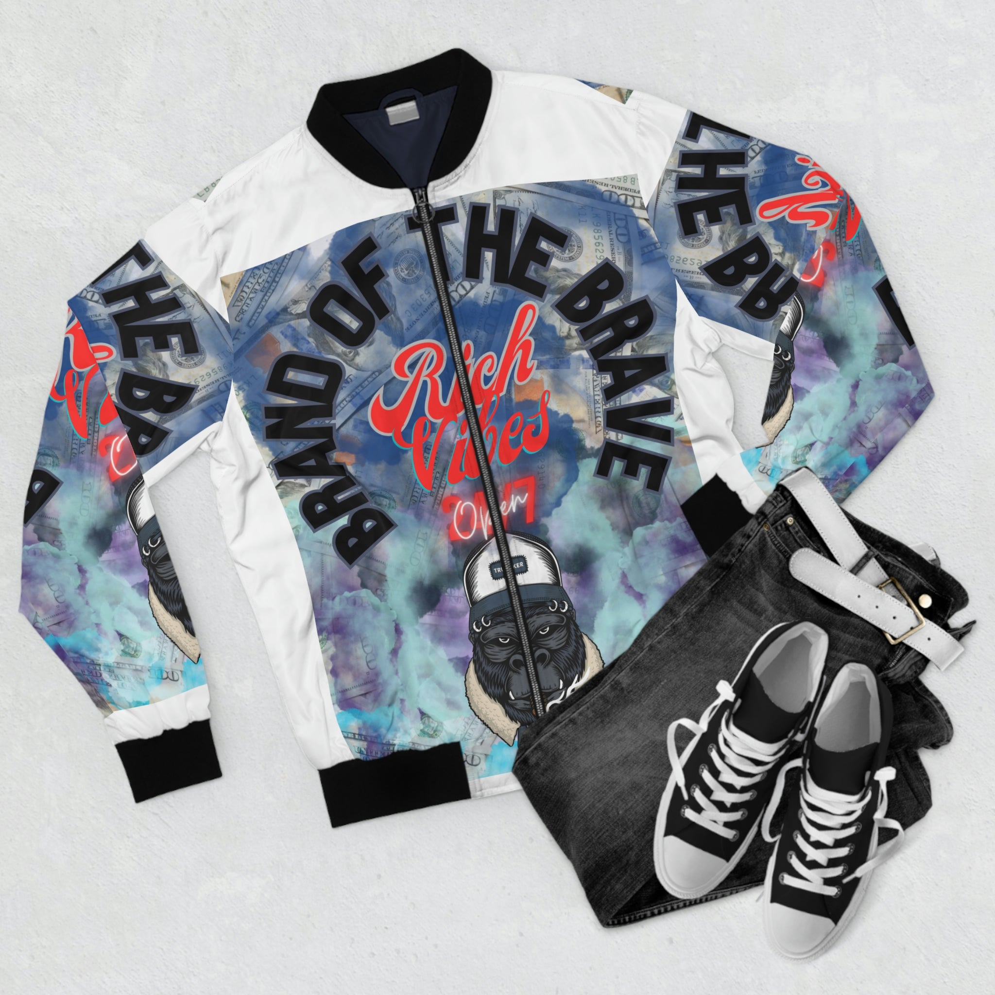 RICH VIBES BRAND OF THE BRAVE APE - Men's White Bomber Jacket (AOP)